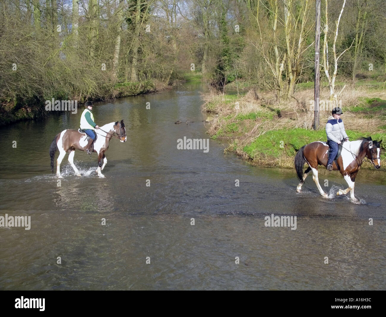 Angleterre worcestershire midlands la rivière arrow coughton deux femmes de l'équitation Banque D'Images