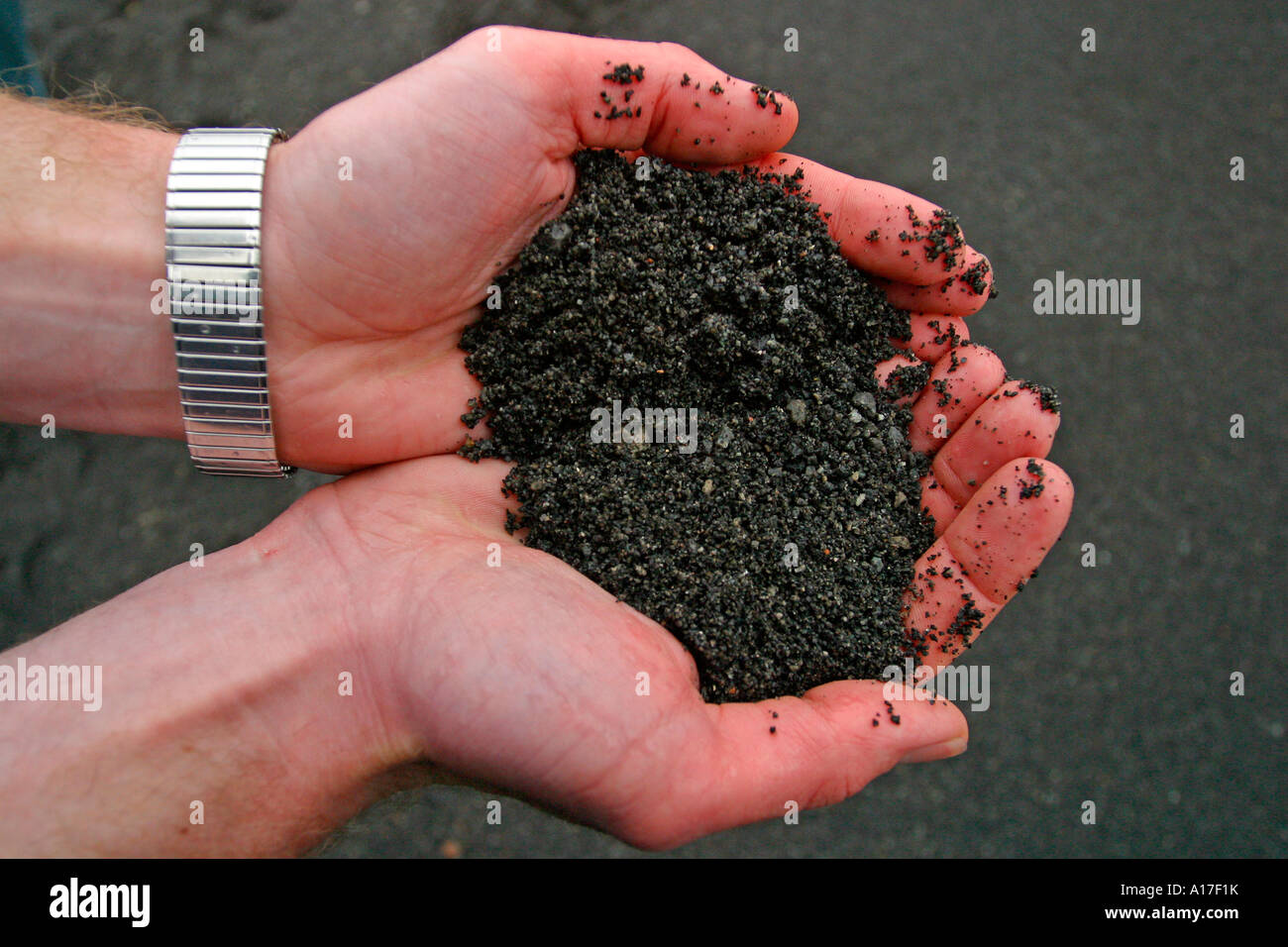 Une main tenant un sol volcanique noire. Banque D'Images