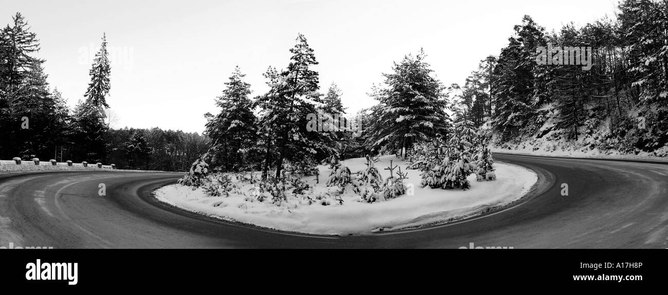 Une route à travers la forêt enneigée, Brasov, en Transylvanie, Roumanie. Banque D'Images