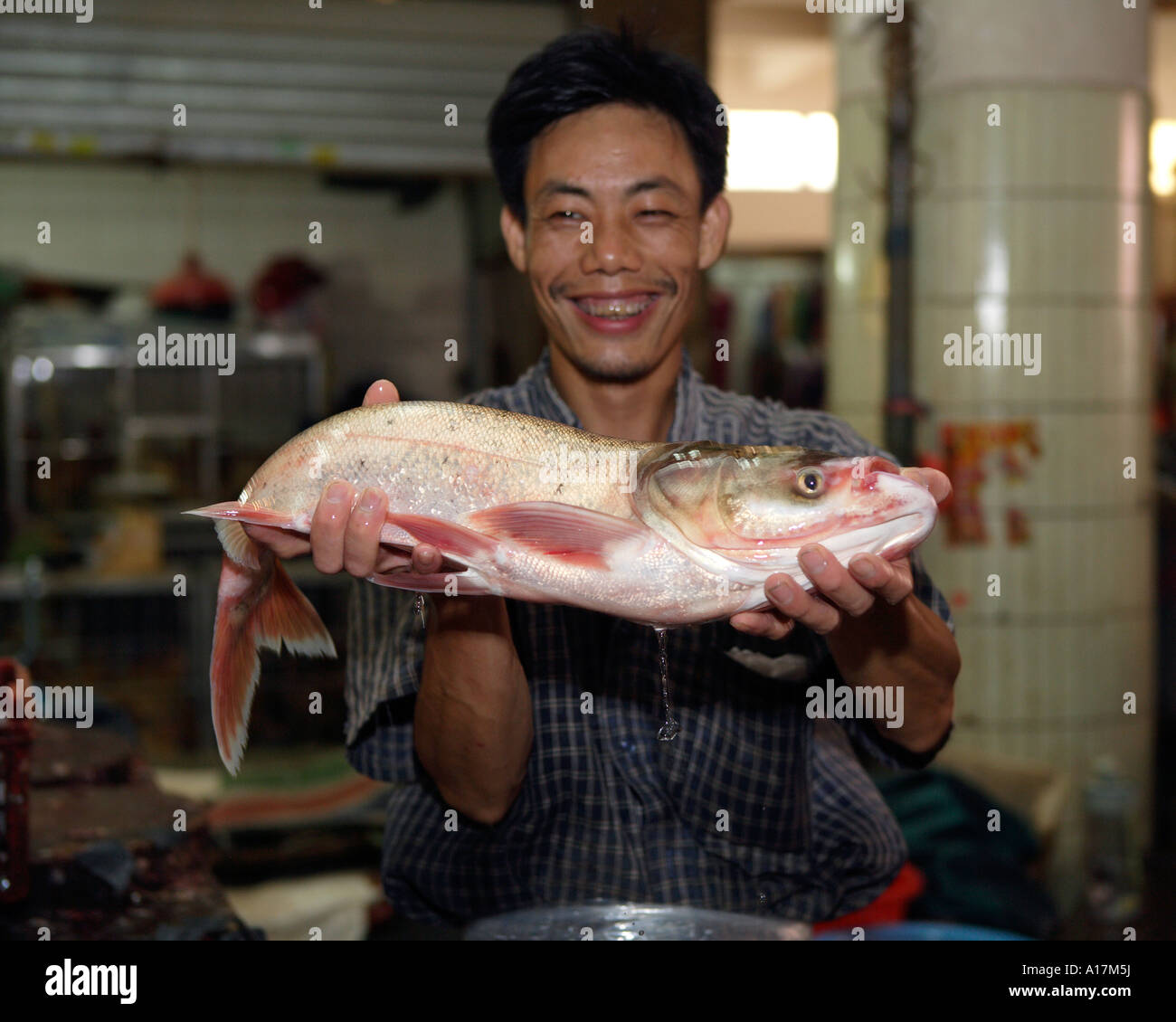 Vendeur de poisson, Marché Central, Shunde, Foshan, Guangdong, Chine. Banque D'Images