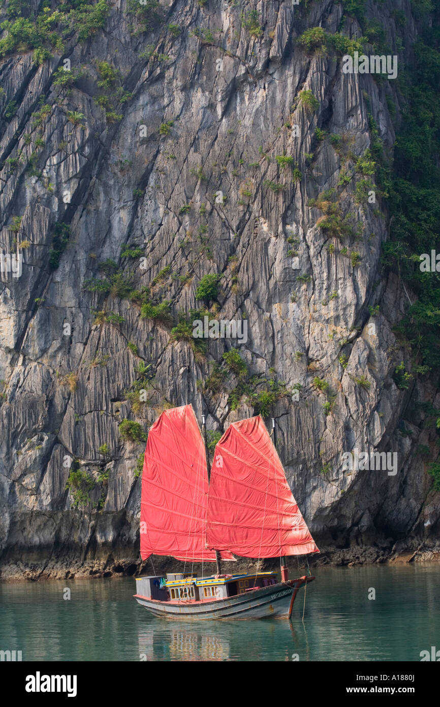 La voile traditionnelle vietnamienne Junk Set contre le calcaire des montagnes karstiques de la Baie d'Ha Long Vietnam Banque D'Images