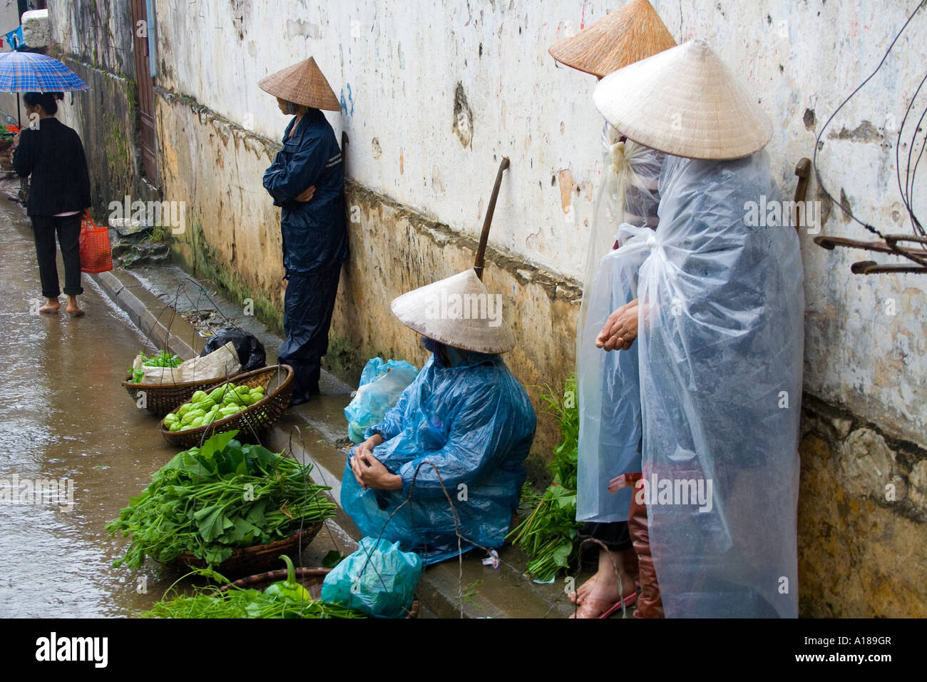 2007 Les agriculteurs vietnamiens portant des chapeaux traditionnelles de  riz en plastique couvre Pluie et vendre des légumes frais du marché de Sapa  Vietnam Photo Stock - Alamy