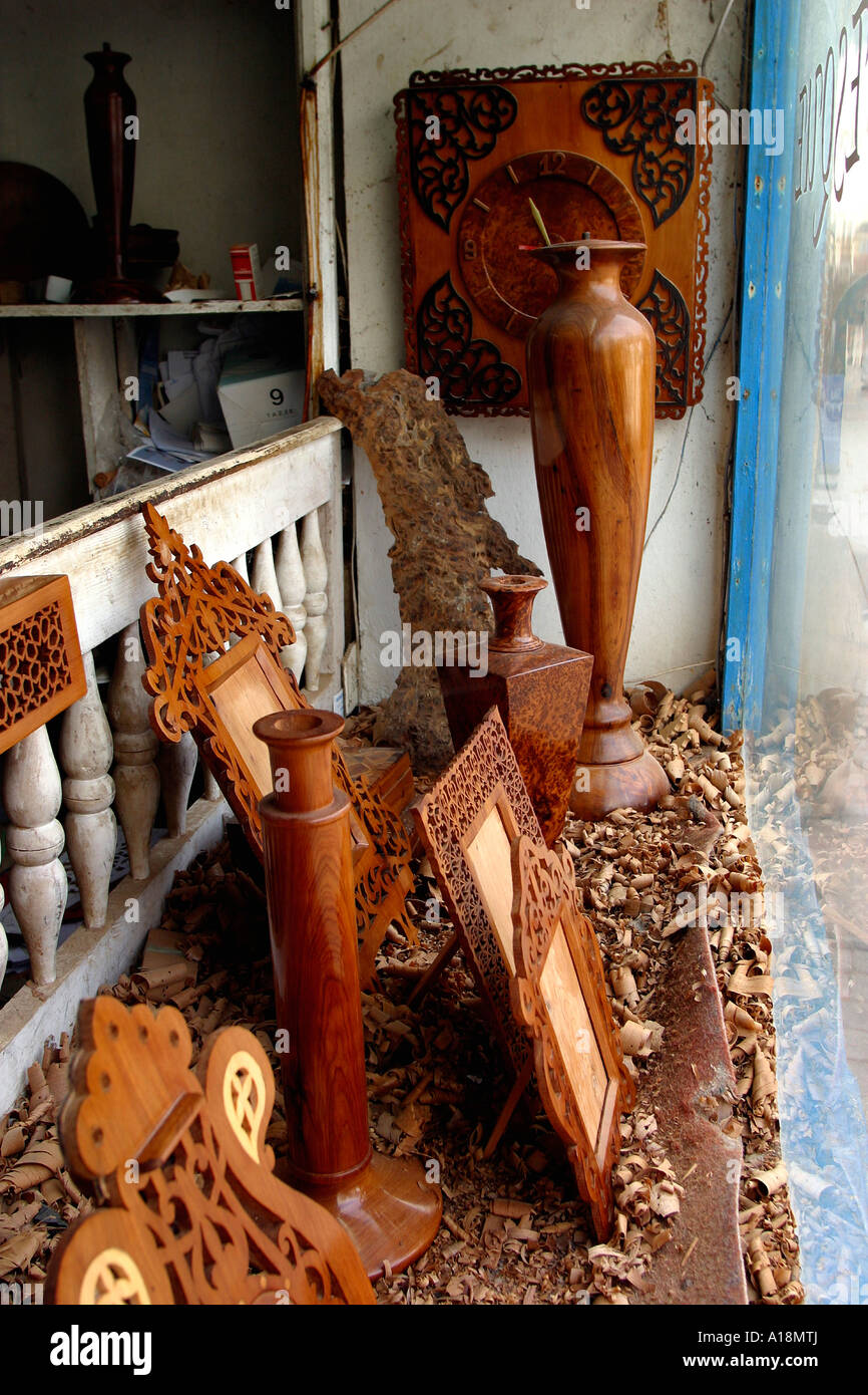 Maroc Essaouira affichage fenêtre woodcraft Arabesque Banque D'Images