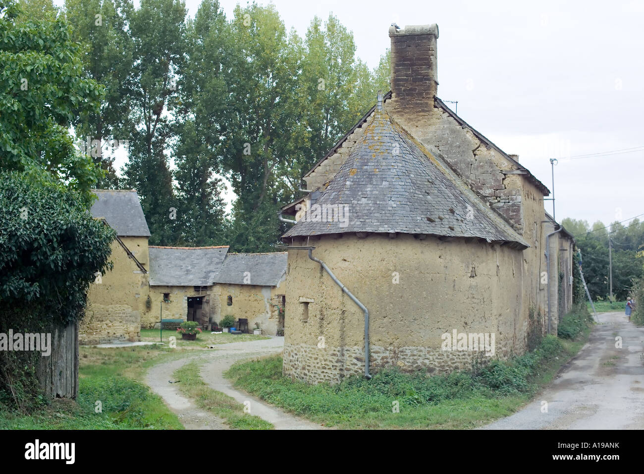 Les maisons construites avec de la terre, 'Le bas' Caharel hameau, St-Juvat, Bretagne, France Banque D'Images