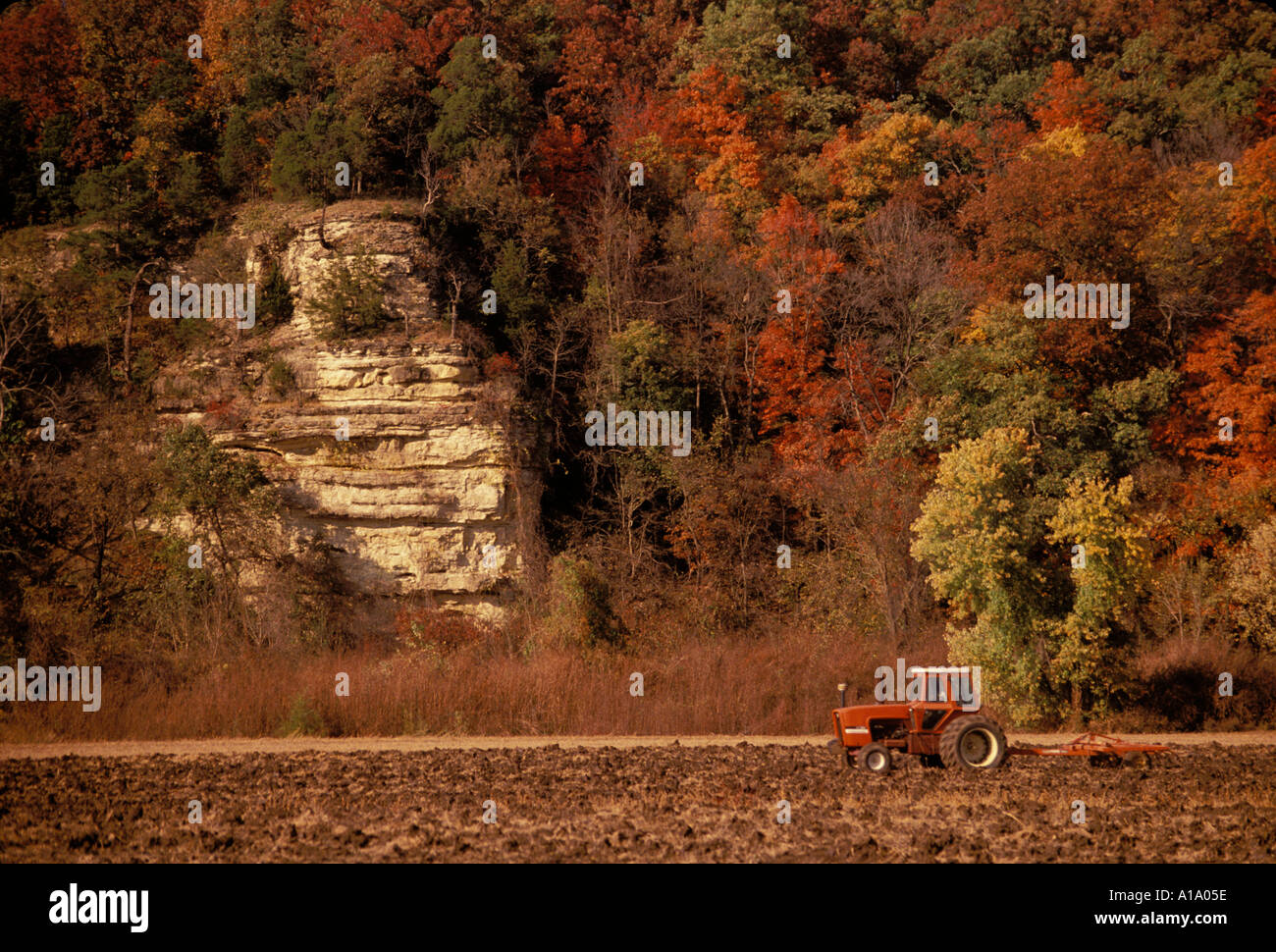 Vieux temps nostalgie : l'agriculteur sur le tracteur rouge champ de labour par Missouri River bluffs avec feuillage automne Midwest USA Banque D'Images