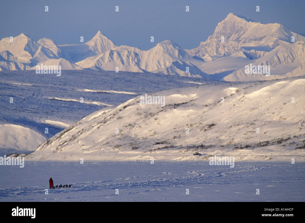 USA, Alaska, Mushers course sur le lac Summit à l'aube près de l'Alaska au cours des pics Copper Valley 300 Ce Banque D'Images