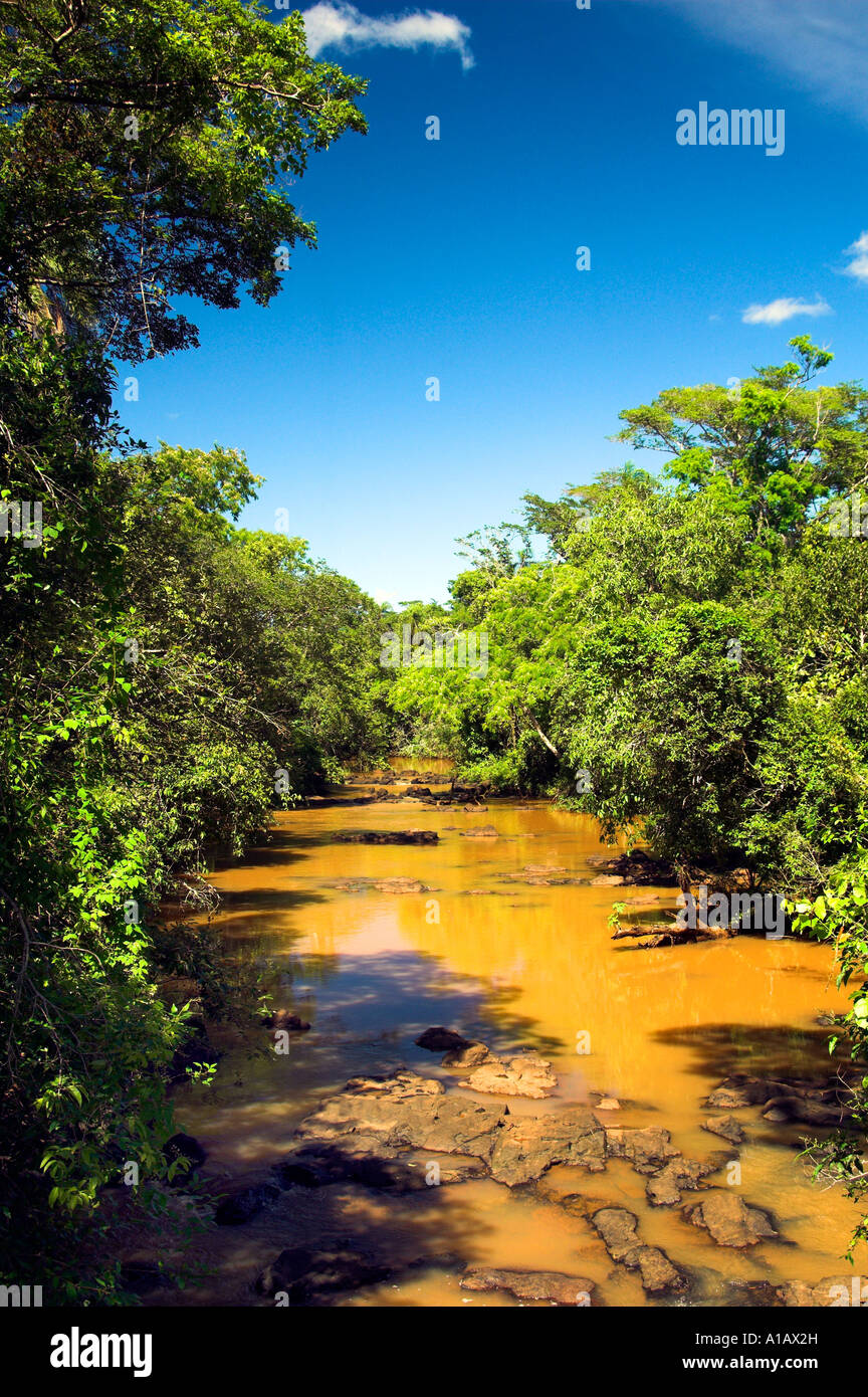 L'Iguassu qui traverse le Brésil et l'Argentine au-dessus des chutes d'Iguaçu Banque D'Images