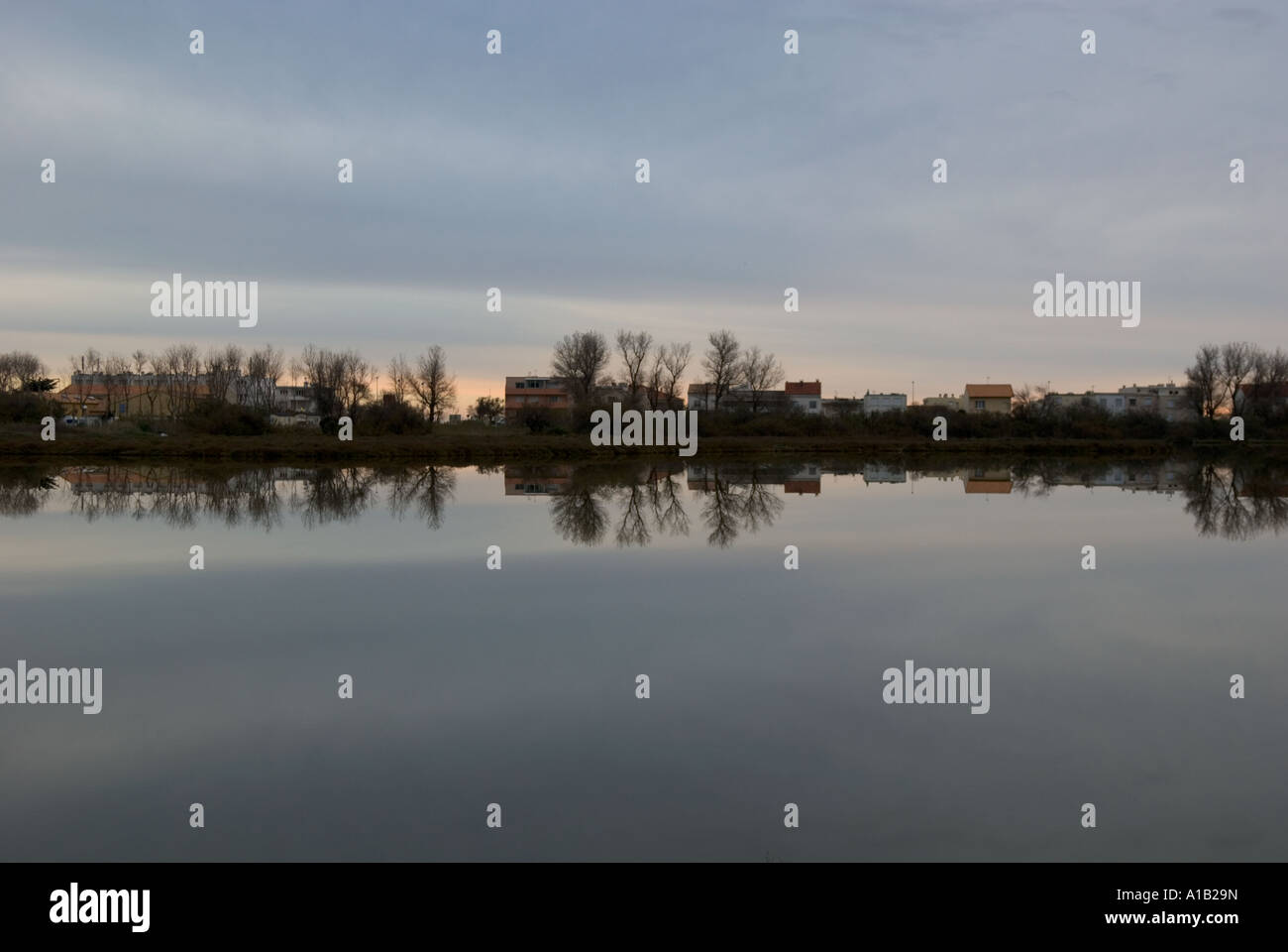 Un des arbres avec des maisons se reflète dans un lac salé à Palavas, france Banque D'Images