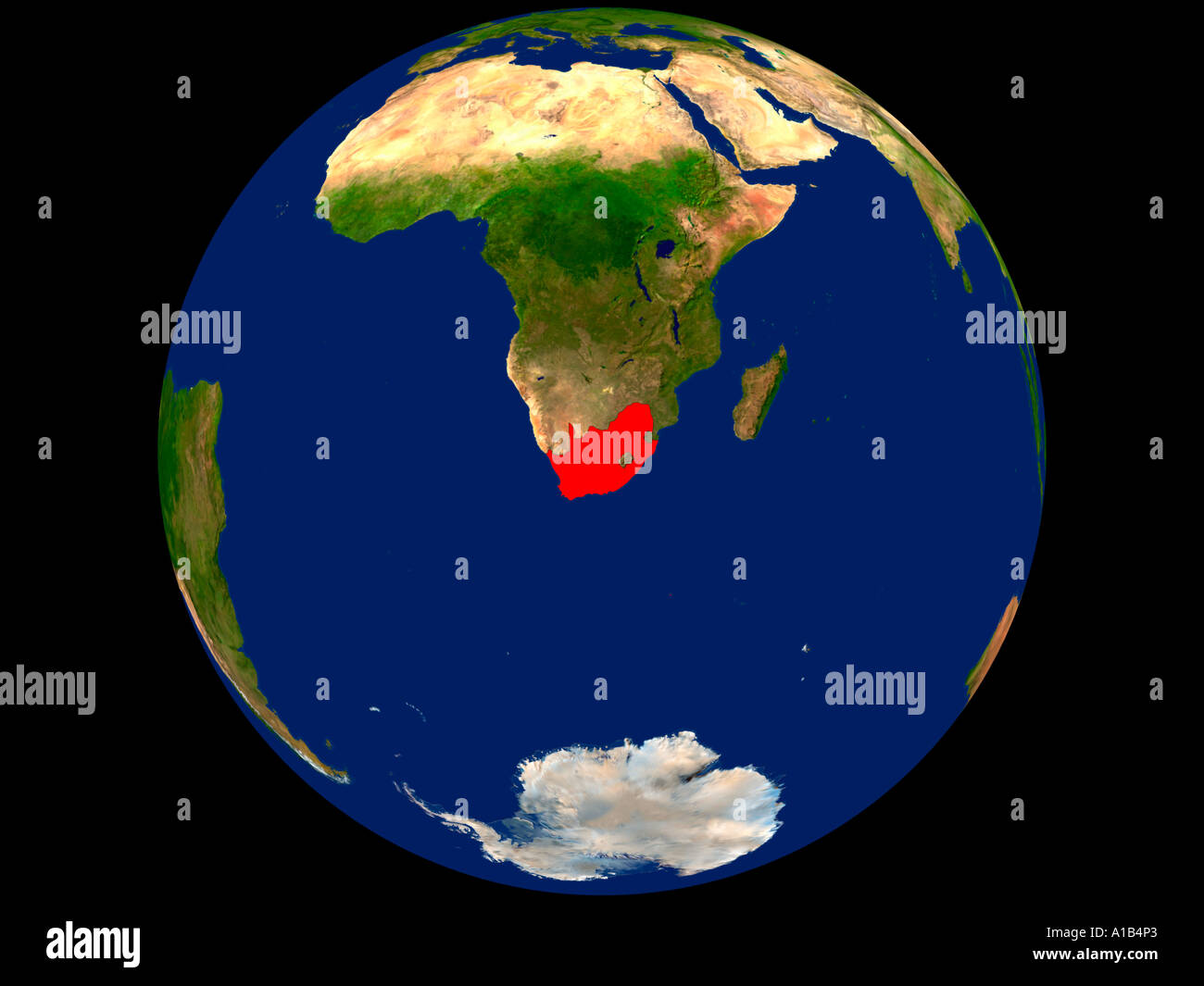 Image satellite montrant la terre de la République de l'Afrique du Sud a souligné en rouge Banque D'Images