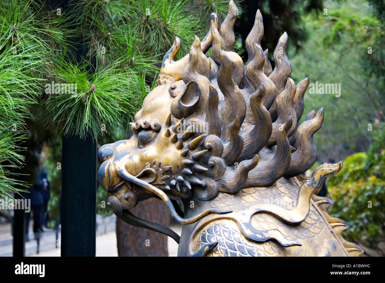 Chine Pékin fantaisiste statue en bronze d'un lion orne les Jardins impériaux de la Cité Interdite, Palais Impérial ou Gugong également Banque D'Images