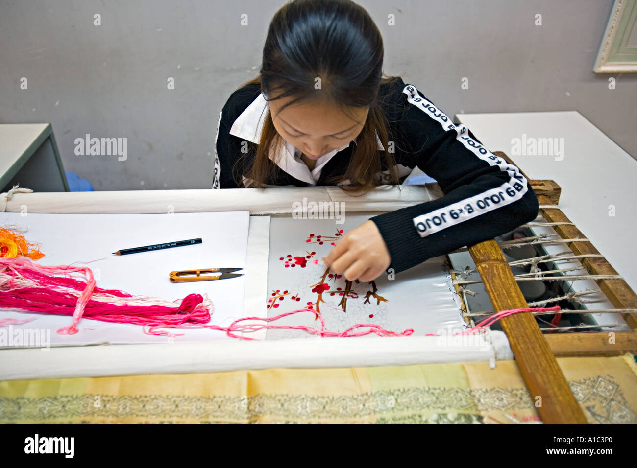 Chine CHONGQUING Jeune femme artisan chinois faisant la broderie traditionnelle avec des laines Banque D'Images