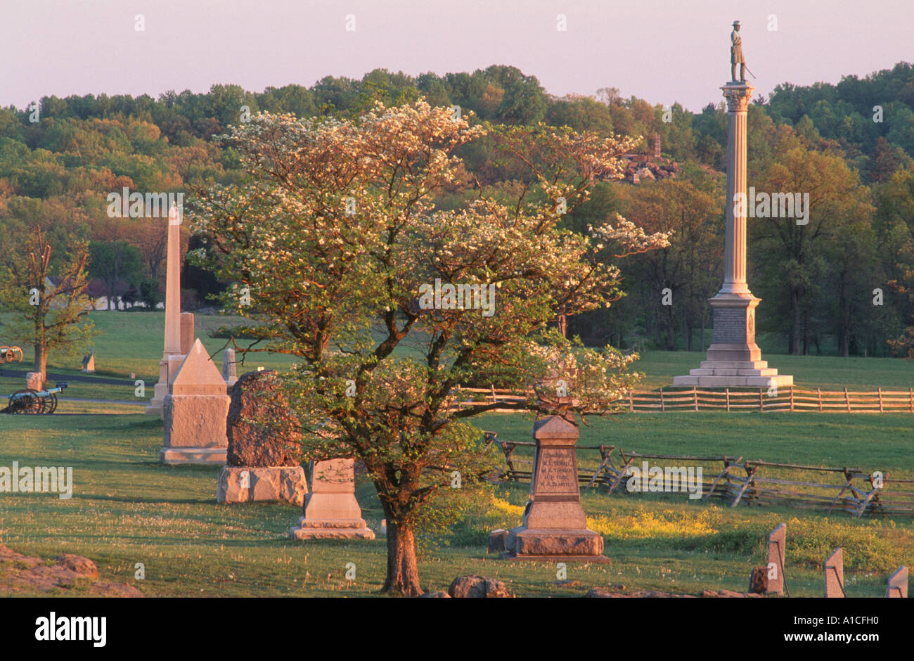 La position de la ligne monuments lors de la bataille de Gettysburg où les soldats de l'Union européenne repousse les rebelles dans Pickett's Charge. Banque D'Images