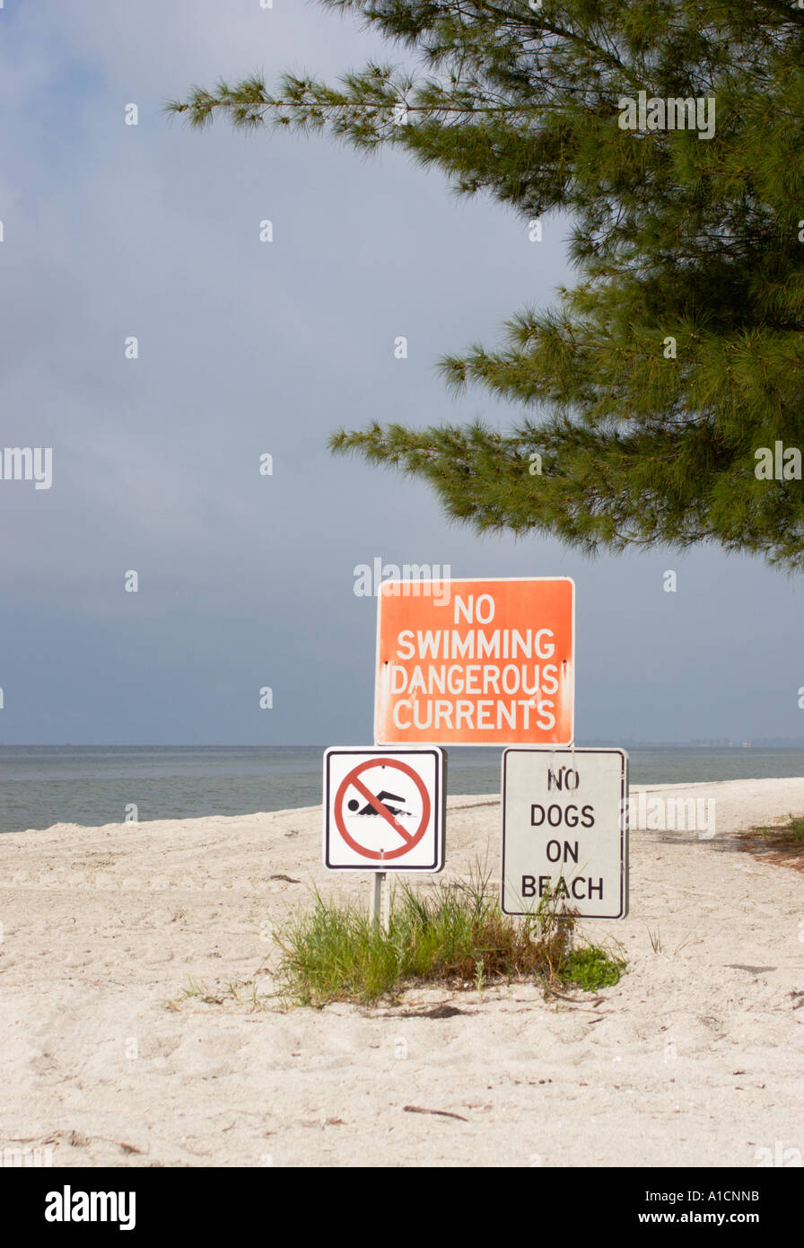 Aucun panneau de natation avertit les spectateurs des dangers au parc du comté de ft de Soto Pinellas en Floride, aux États-Unis Banque D'Images