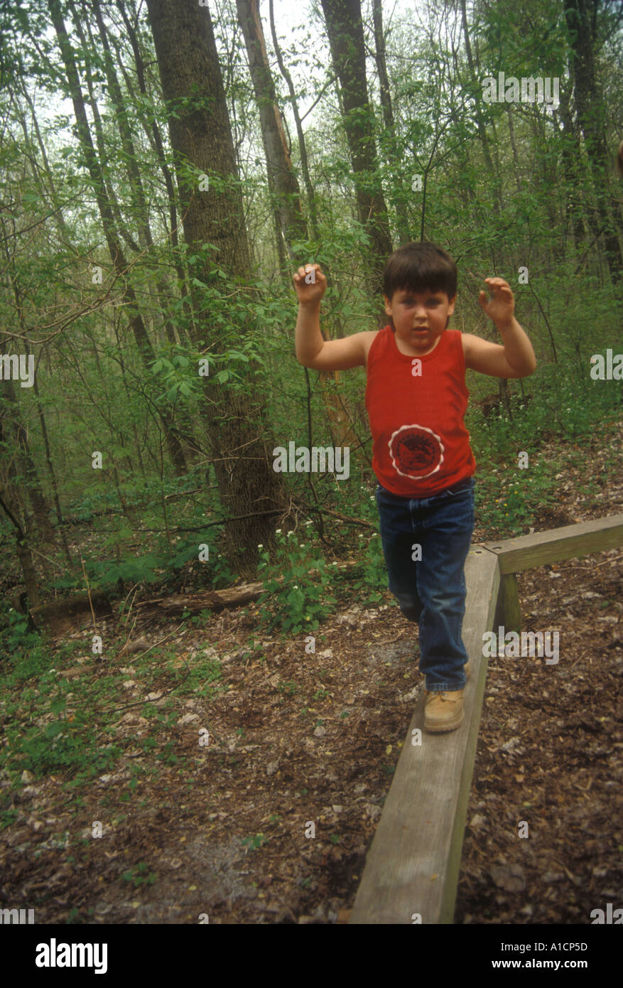 Jeune garçon Balancing on Log Banque D'Images