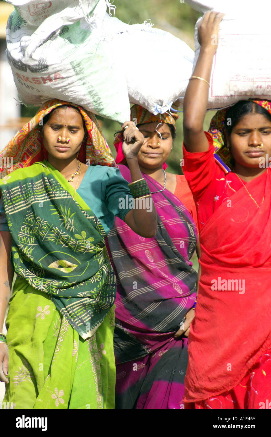 Equipe trois femmes indiennes en sari coloré travaillant dur de porter de lourds sacs de sable à la construction de la rue, de l'Inde site Banque D'Images