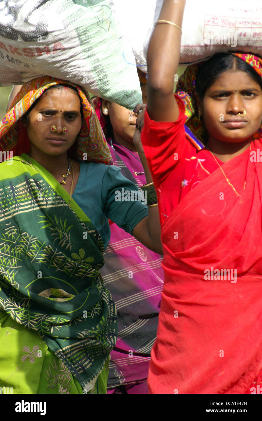 Equipe trois femmes indiennes en sari coloré travaillant dur de porter de lourds sacs de sable à la construction de la rue, de l'Inde site Banque D'Images