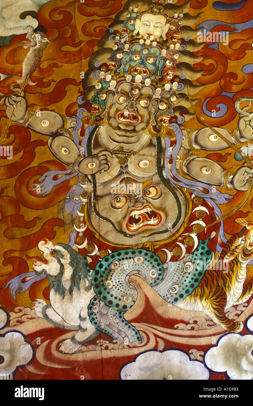 Fresque du dieu Gelpo Pehor Drukpa Kagyu du bouddhisme dans le monastère de Gangtey Bhoutan Banque D'Images
