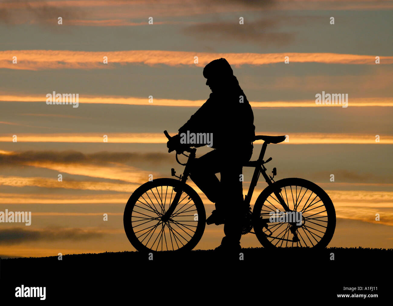 Silhouette de garçon en vélo contre la fin de ciel du soir Banque D'Images