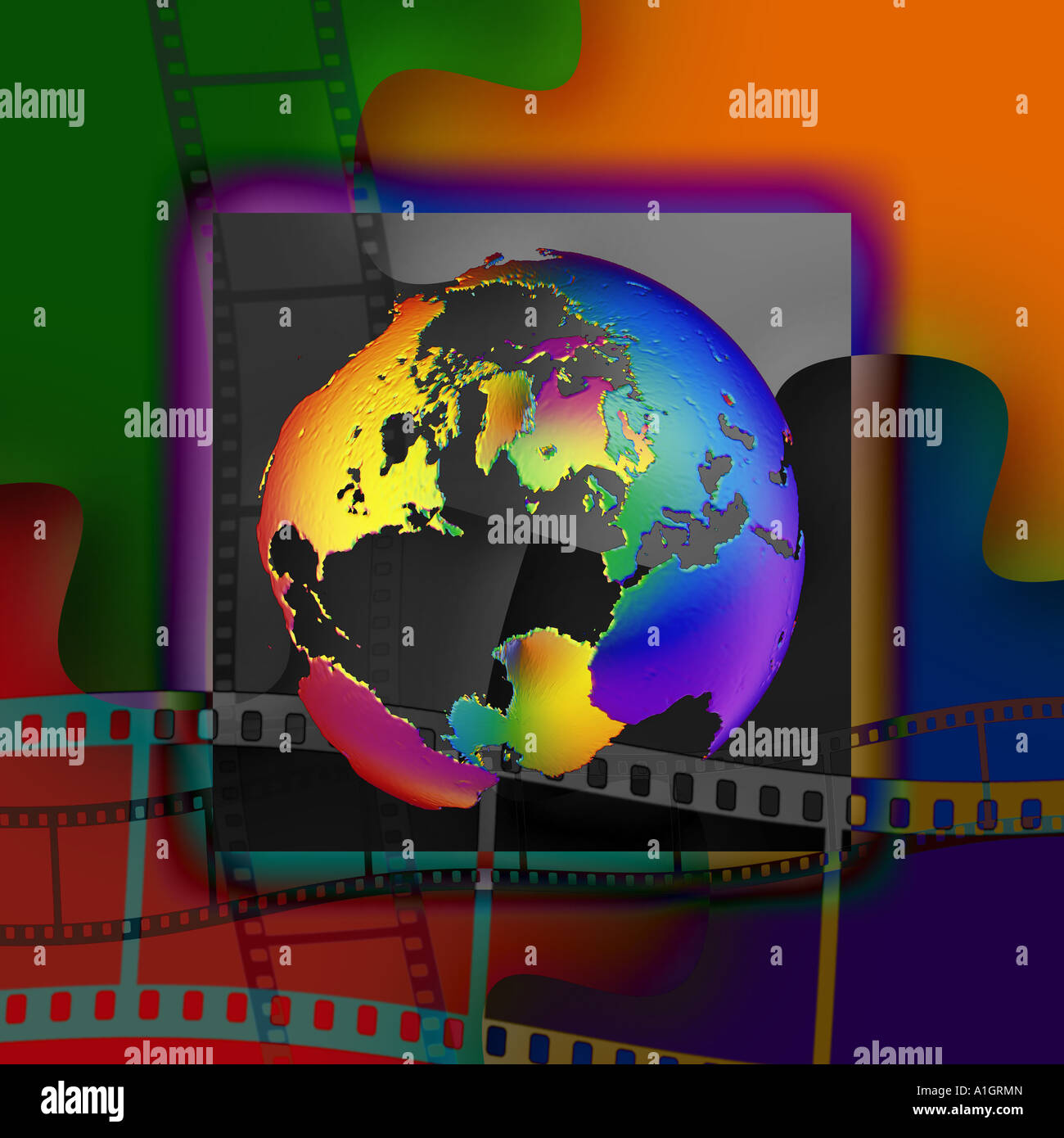 Globe éblouissant ou modèle de la terre avec des bandes de films ondulées sur quatre pièces de casse-tête de scie Banque D'Images