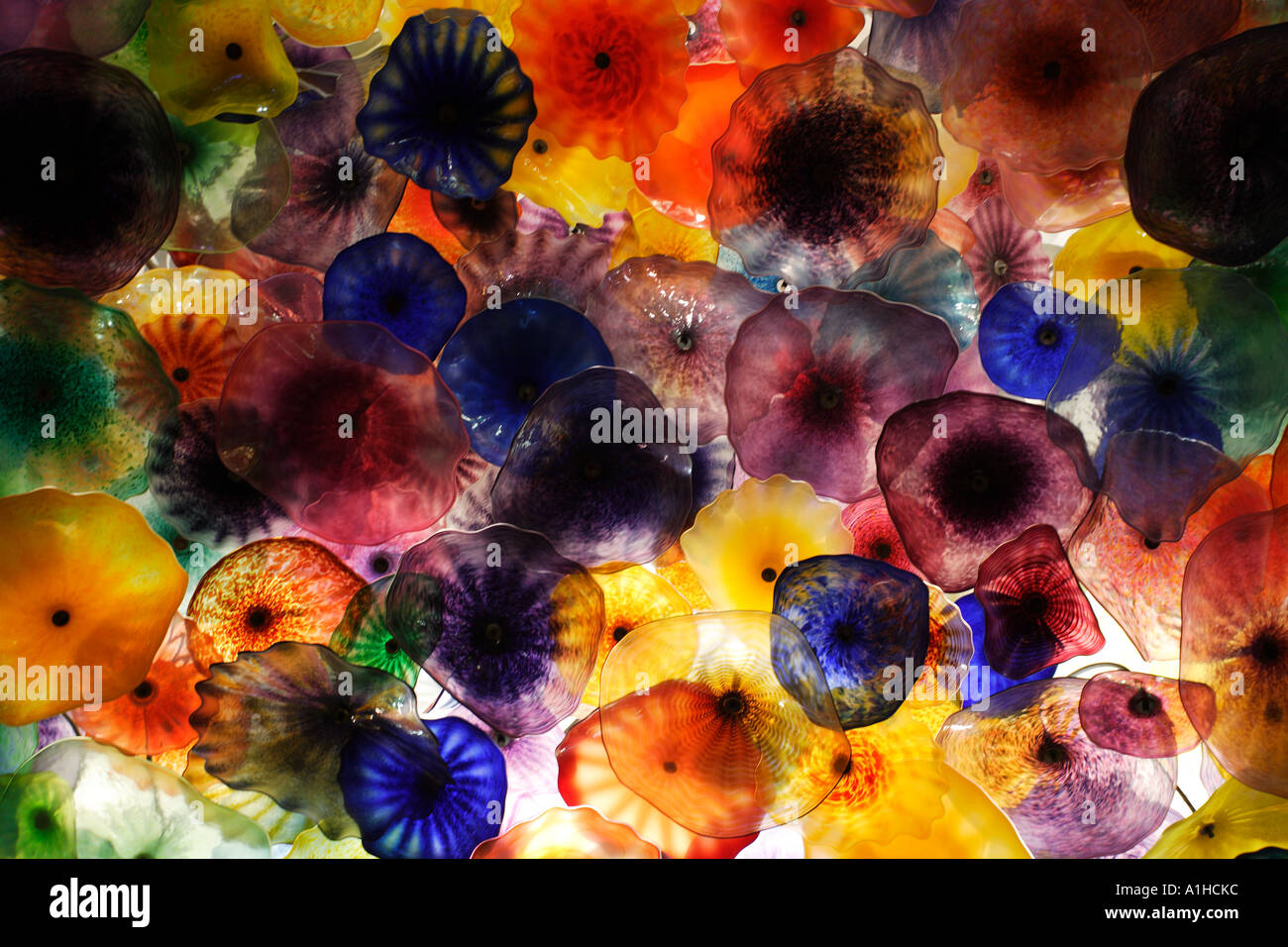 En Verre soufflé de couleur avec la lumière forment un motif dans le plafond du hall, dans le spectaculaire Bellagio Hotel and Casino à Las Vegas Banque D'Images