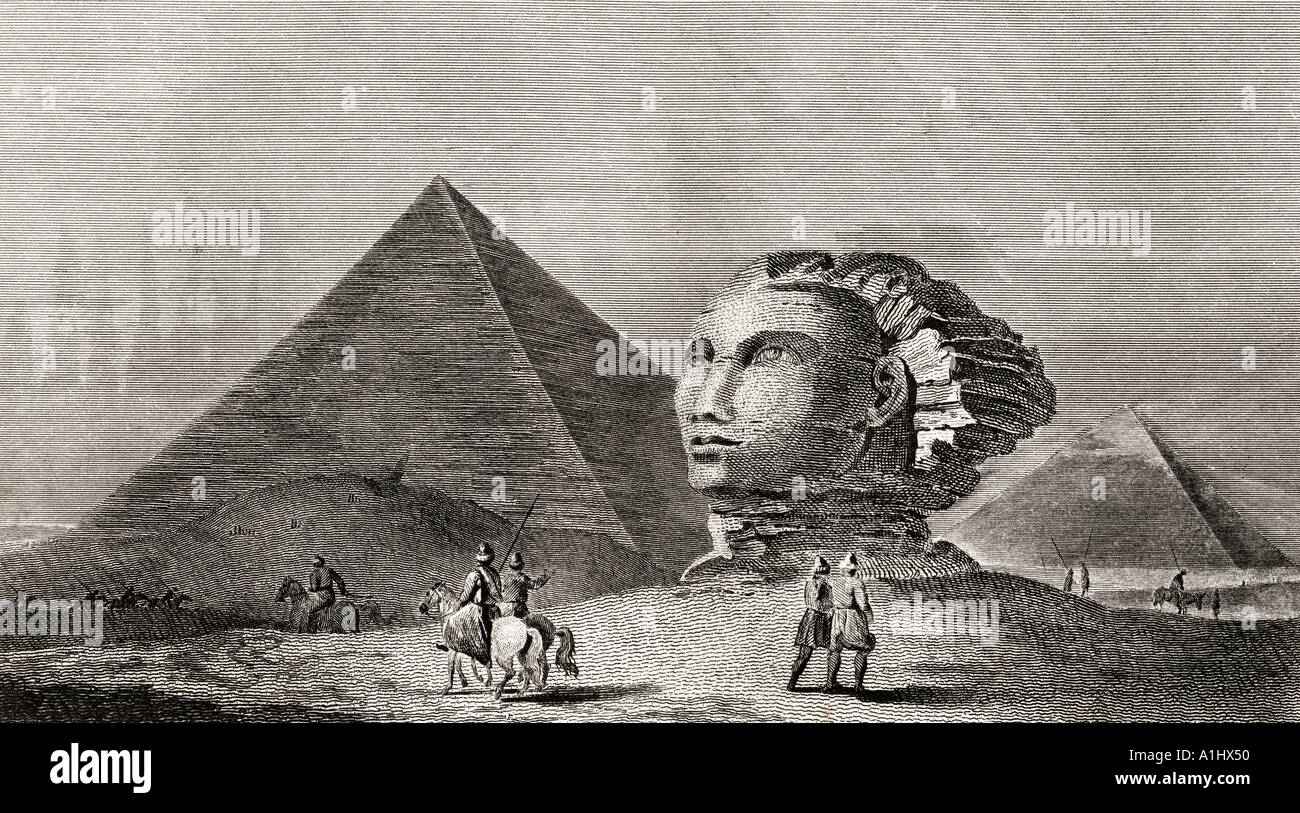 La première et la deuxième pyramide de Gizah, Memphis et ancien chef de la colossale Sphinx, vu ici au début du 19e siècle Banque D'Images