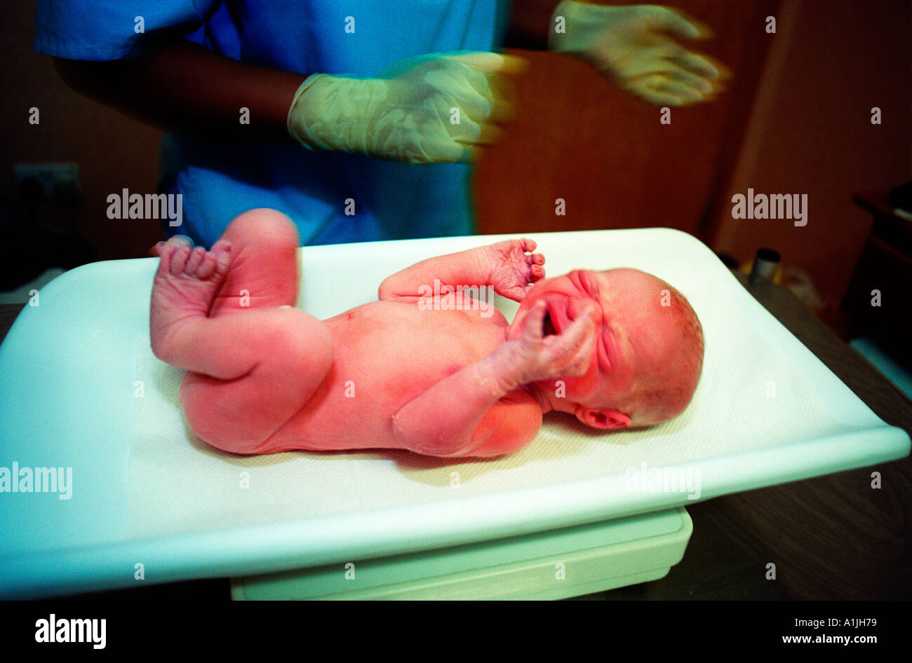 Bébé nouveau-né tout en hurlant à peser sur les balances sage-femme avec  des gants en latex en arrière-plan l'hôpital Homerton London England Photo  Stock - Alamy