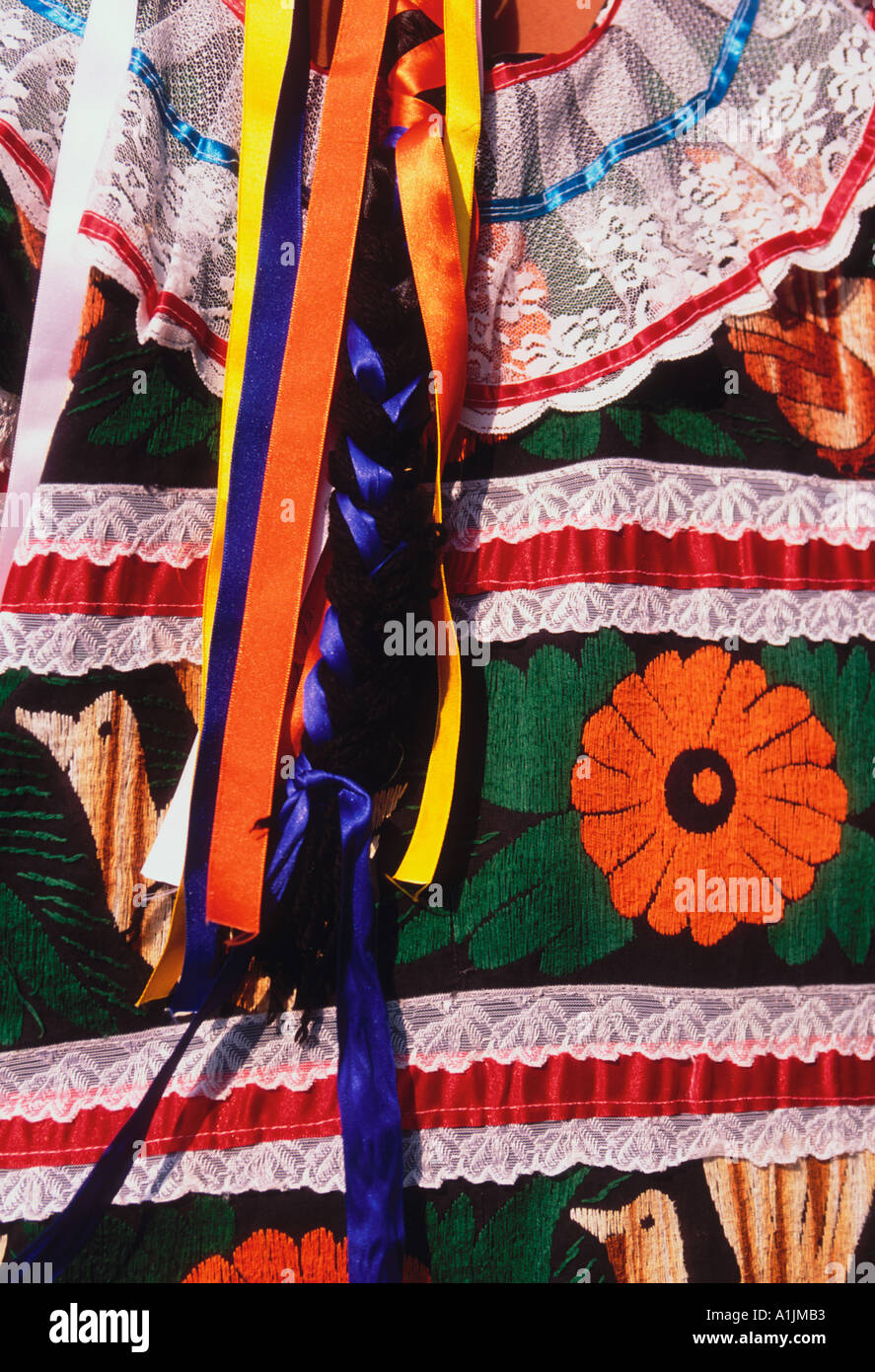 Détail sur l'arrière de la robe de danseuse en costume au Festival Guelaguetza dans la capitale de Oaxaca de Juarez dans l'état d'Oaxaca au Mexique Banque D'Images