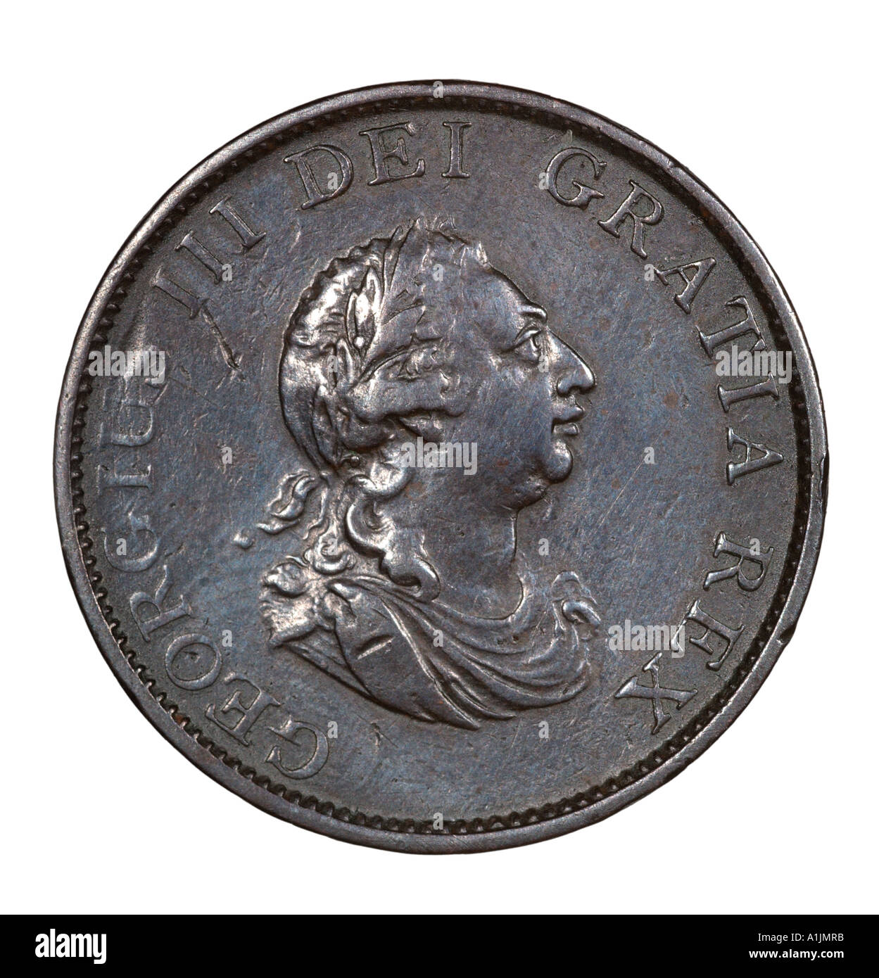 Le roi George III 3 Reg fid def demi-penny décimal avant old pence P 1799 Tête lumineuse de cuivre très longs cheveux curl sash Banque D'Images