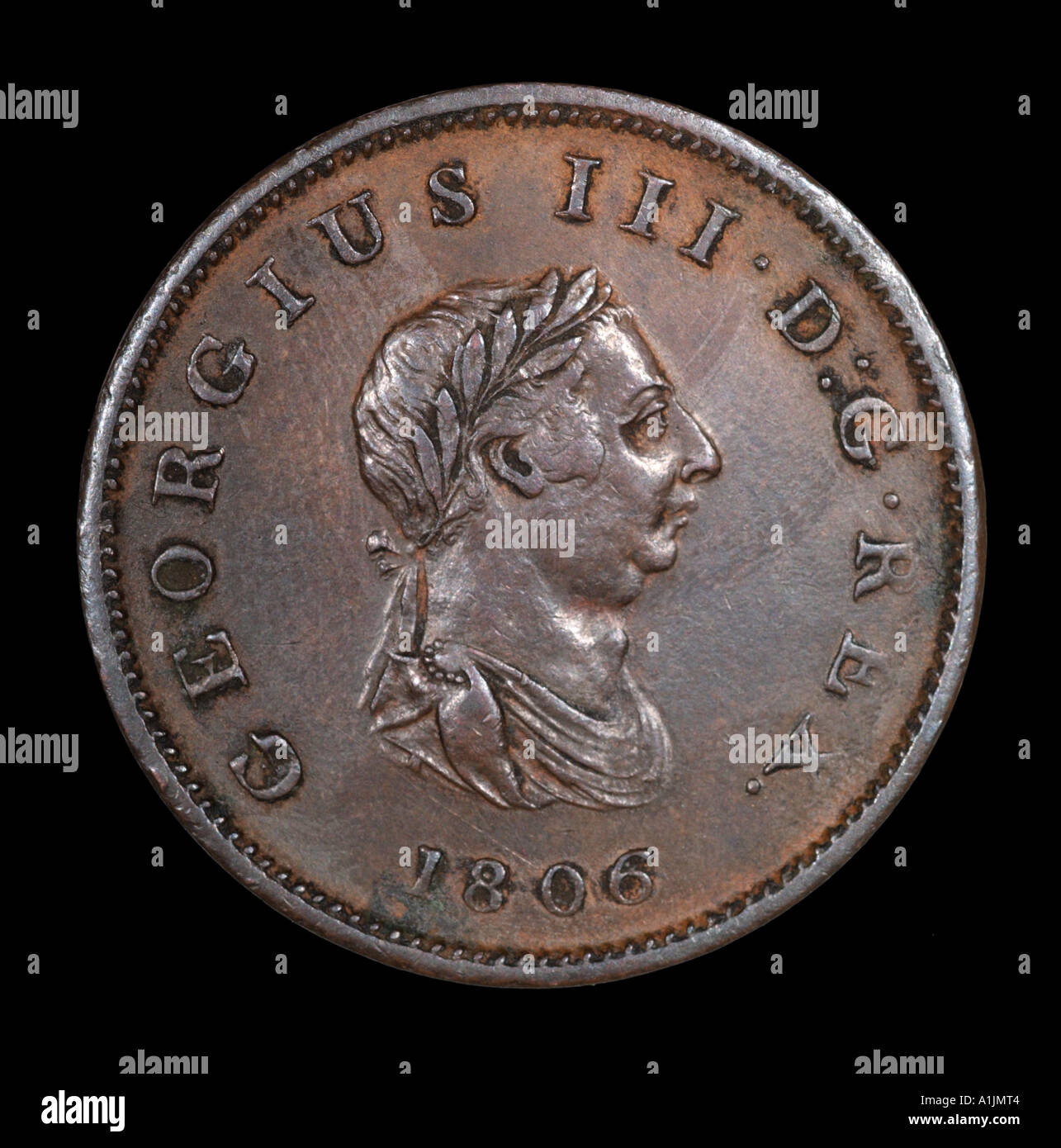 Le roi George III 3 Reg fid def demi-penny décimal avant old pence P 1806 tête lumineuse cuivre feuille de laurier droit Banque D'Images