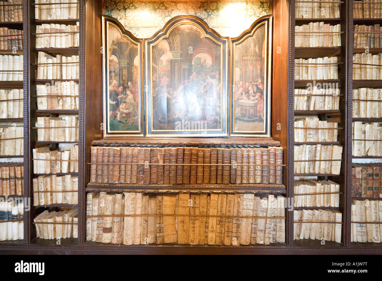 Intérieur de la bibliothèque, du vrai de la Cartuja (la Chartreuse), Valldemossa, Majorque, Îles Baléares, Espagne Banque D'Images