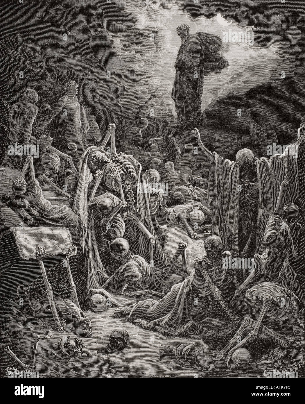 Gravure de la Dore illustrant la Bible Ézéchiel xxxvii 1 et 2. La Vision de la vallée d'ossements desséchés par Gustave Dore Banque D'Images