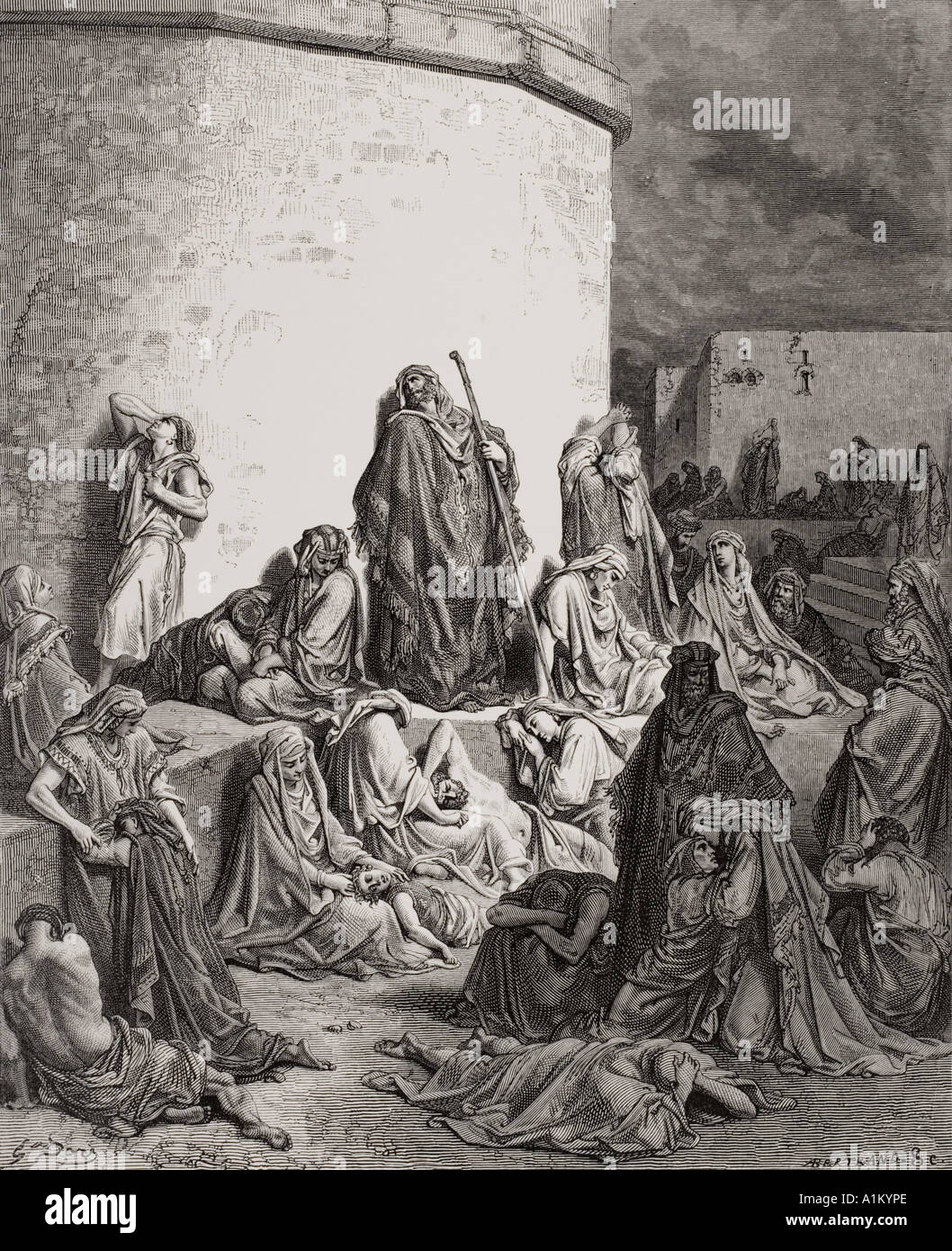 Gravure de la Dore illustrant la Bible Lamentations i 1 et 2. Les personnes en deuil sur les ruines de Jérusalem par Dore Banque D'Images