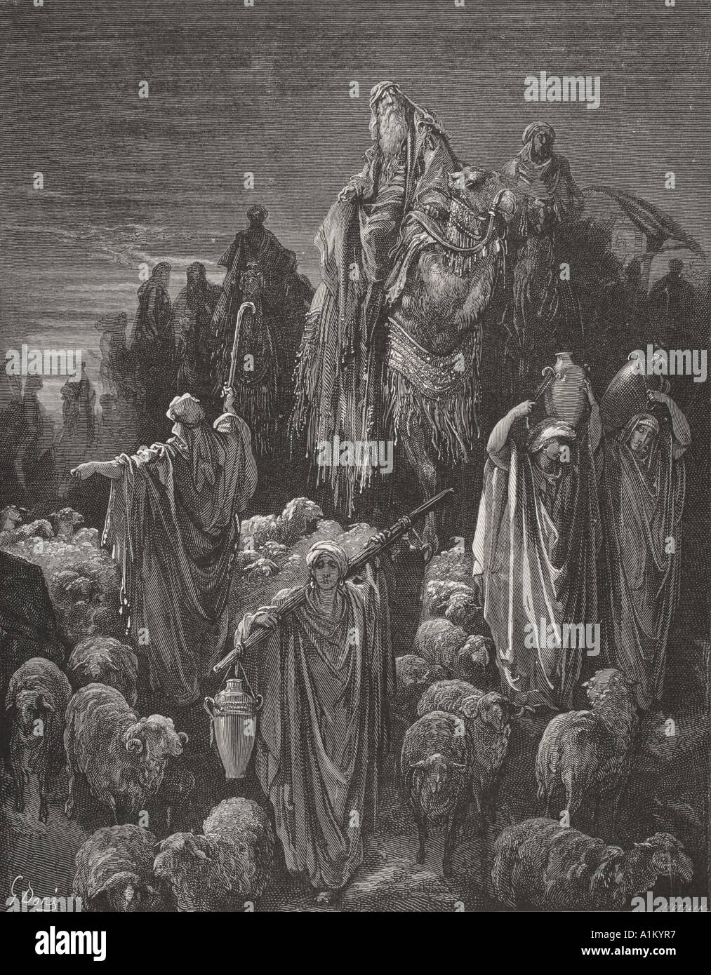 Gravure de la Dore Bible illustrant la genèse xlvi 5 à 7. Jacob entrera dans l'Égypte par Gustave Dore Banque D'Images