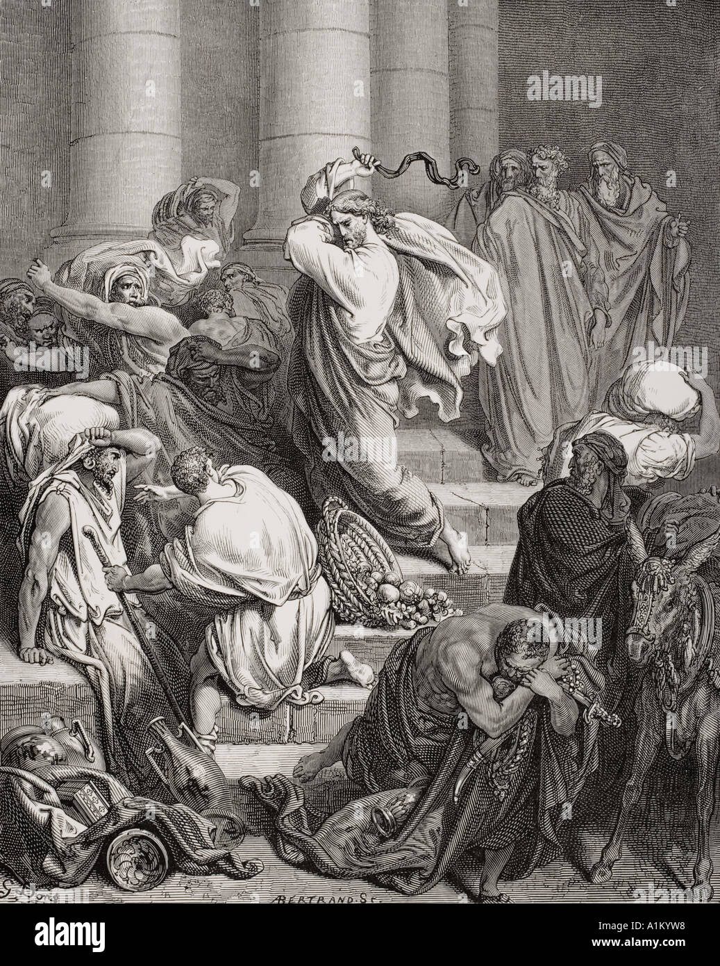 Gravure de la Dore illustrant la Bible Luc xix 45 et 46. Les acheteurs et les vendeurs chassés du temple par Gustave Dore Banque D'Images