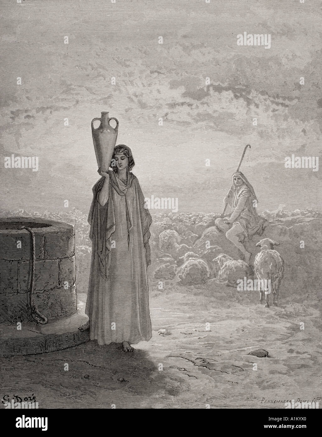 Gravure de la Dore Bible illustrant la genèse xxix 20. Jacob gardant les troupeaux de Labans par Gustave Dore Banque D'Images