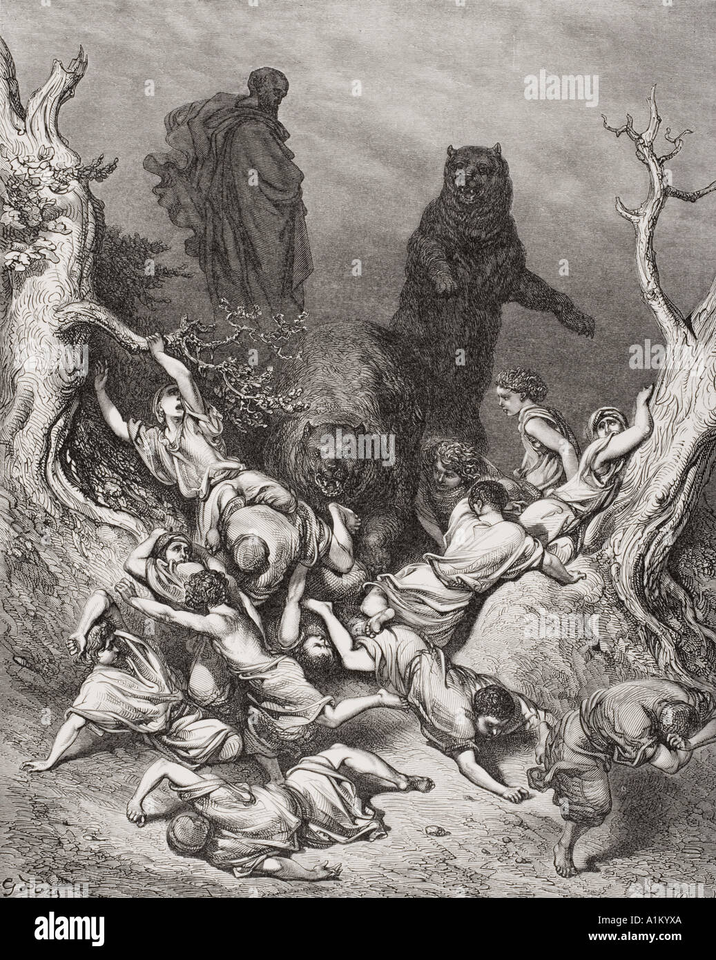 Gravure de la Dore illustrant la Bible 2 Rois ii, 23 et 24. Les enfants détruits par les ours par Gustave Dore, 1832 - 1883. Banque D'Images