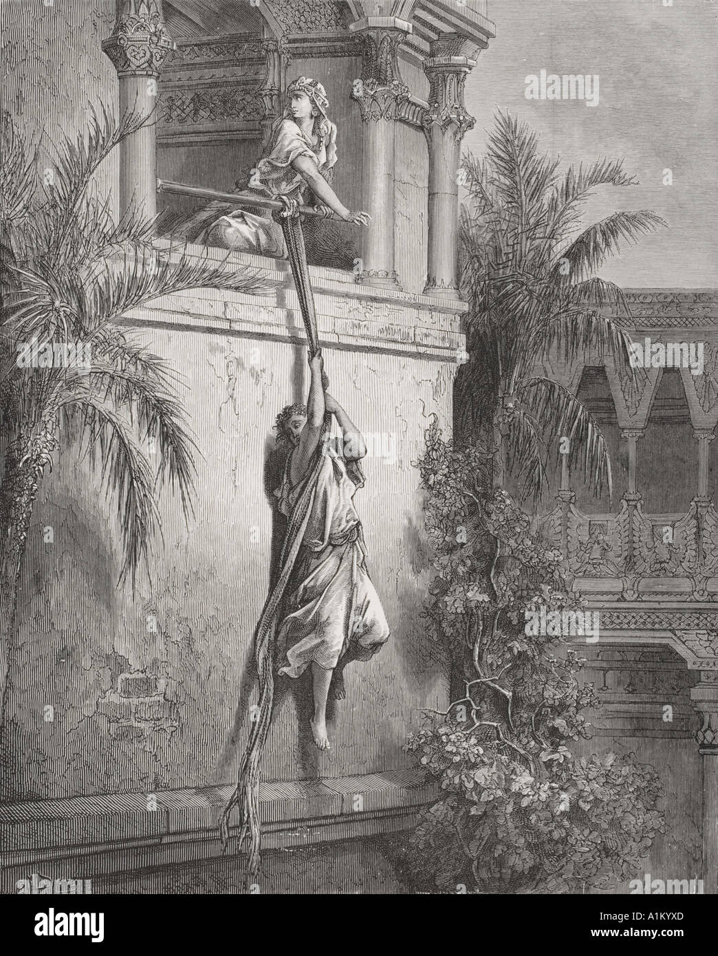 Gravure de la Dore Bible illustrant 1 Samuel xix 12. La fuite de David par la fenêtre par Gustave Dore Banque D'Images