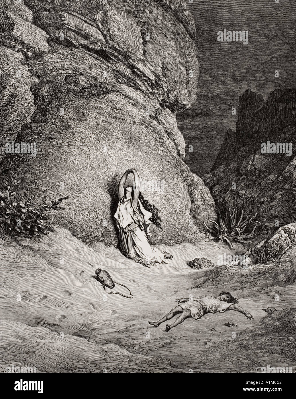 Gravure de la Dore Bible illustrant la genèse xxi 14 à 19. Agar et Ismaël dans le désert par Gustave Dore Banque D'Images