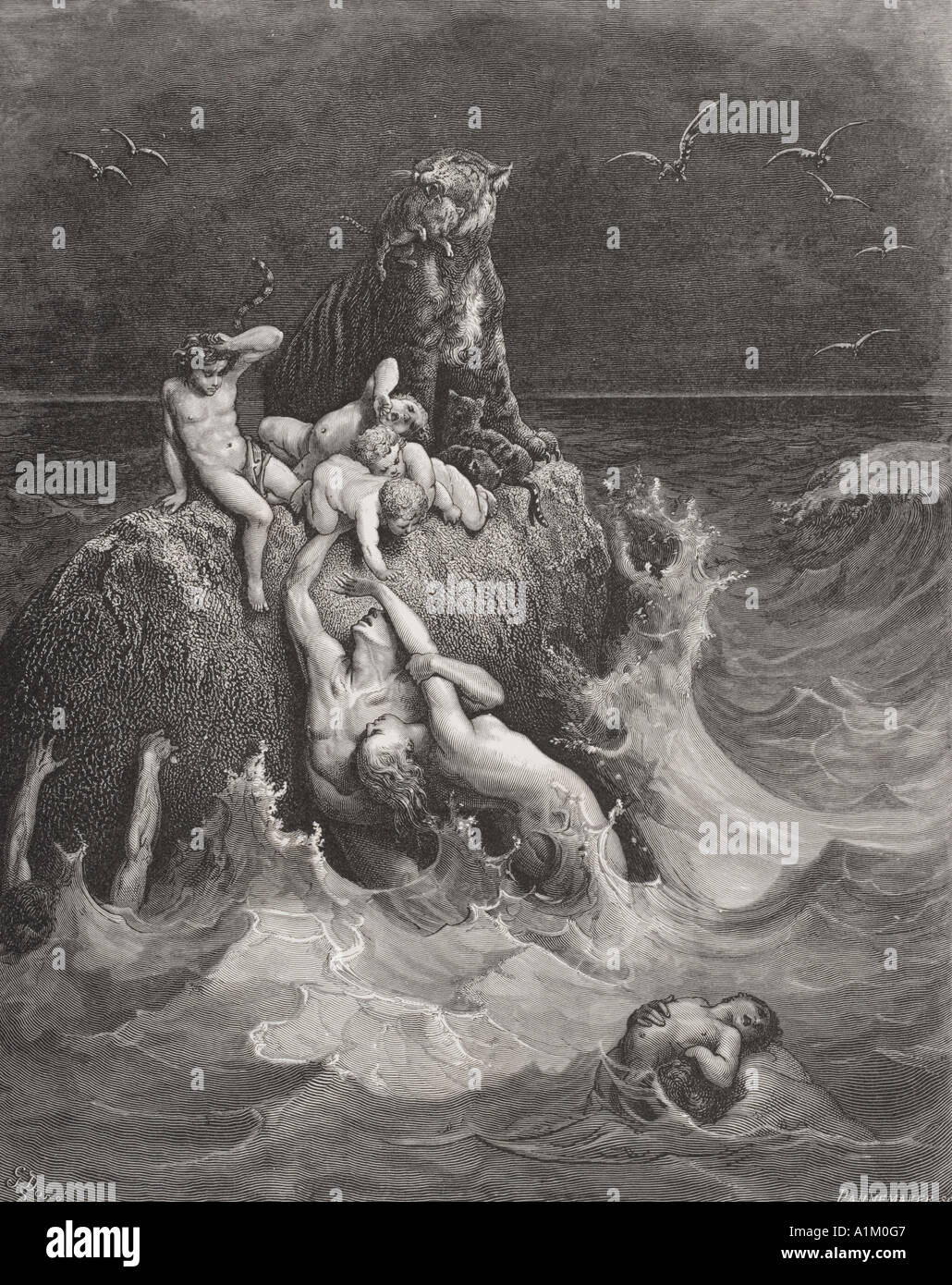 Gravure de la Dore Bible illustrant la genèse vii 20 à 24. Le déluge par Gustave Dore Banque D'Images