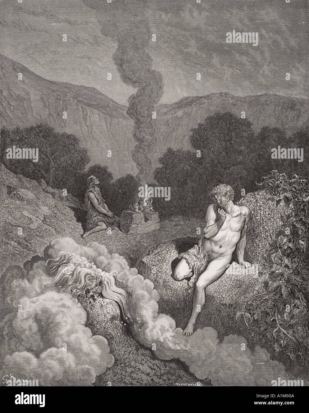 Gravure de la Dore Bible illustrant la genèse iv 3 à 5. Caïn et Abel offrant leur sacrifice par Gustave Dore. Banque D'Images