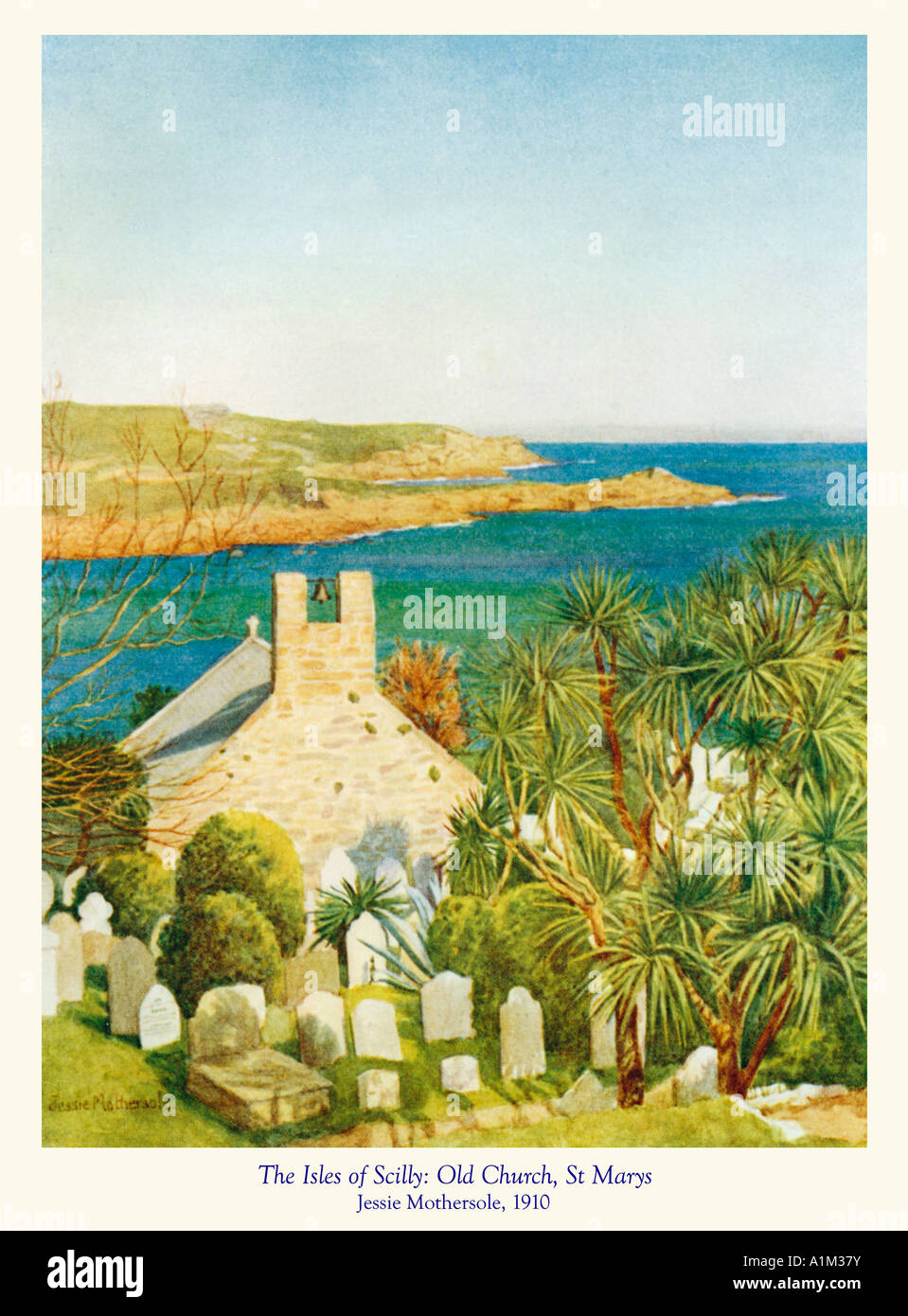 Scilly, ancienne église St Marys Edwardian aquarelle de la mer vue sur l'église Banque D'Images