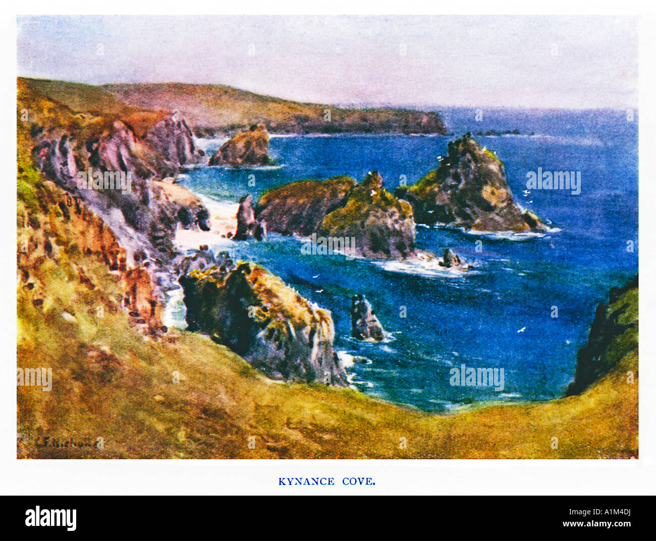 Kynance Cove Edwardian aquarelle des falaises et rochers à la Cornish beauty spot Banque D'Images