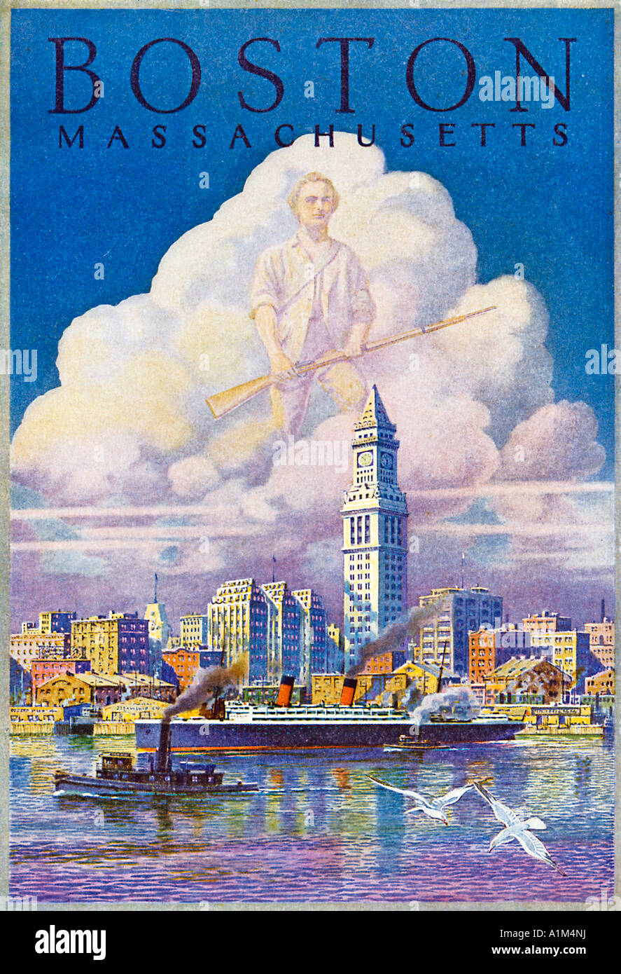 Boston 1930 affiche pour la Nouvelle Angleterre ville et port maritime avec Paul Revere scène donnant sur le port Banque D'Images