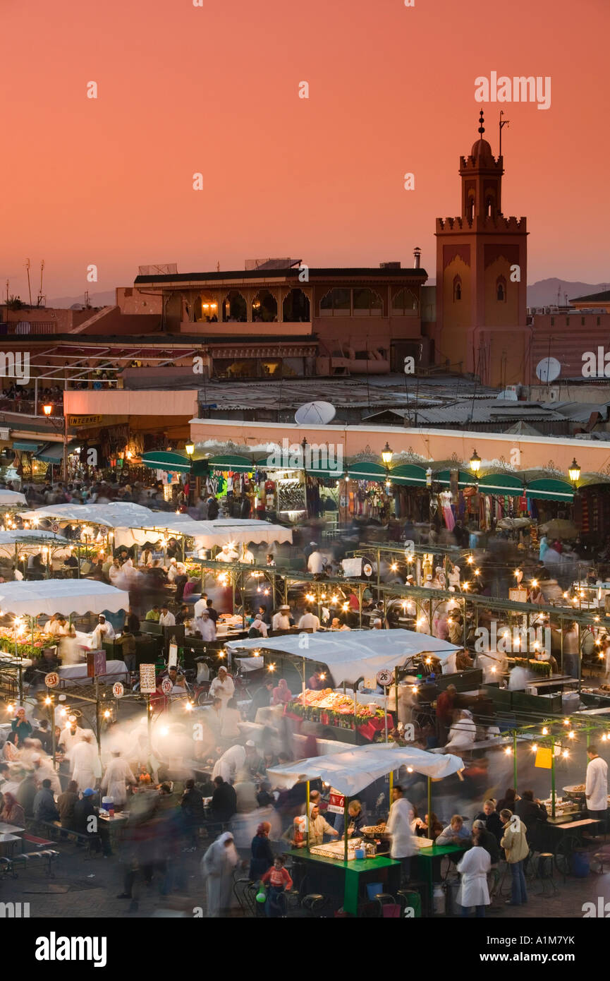 Stands de nourriture, Jemma el Fna, Marrakash, Maroc Banque D'Images