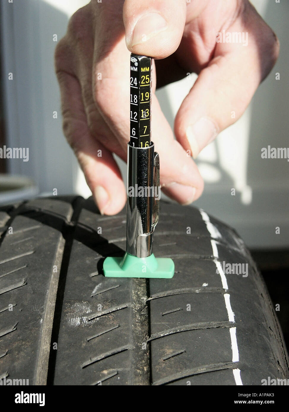 Contrôle de la bande de roulement d'un pneu usé avec une jauge de profondeur  Photo Stock - Alamy