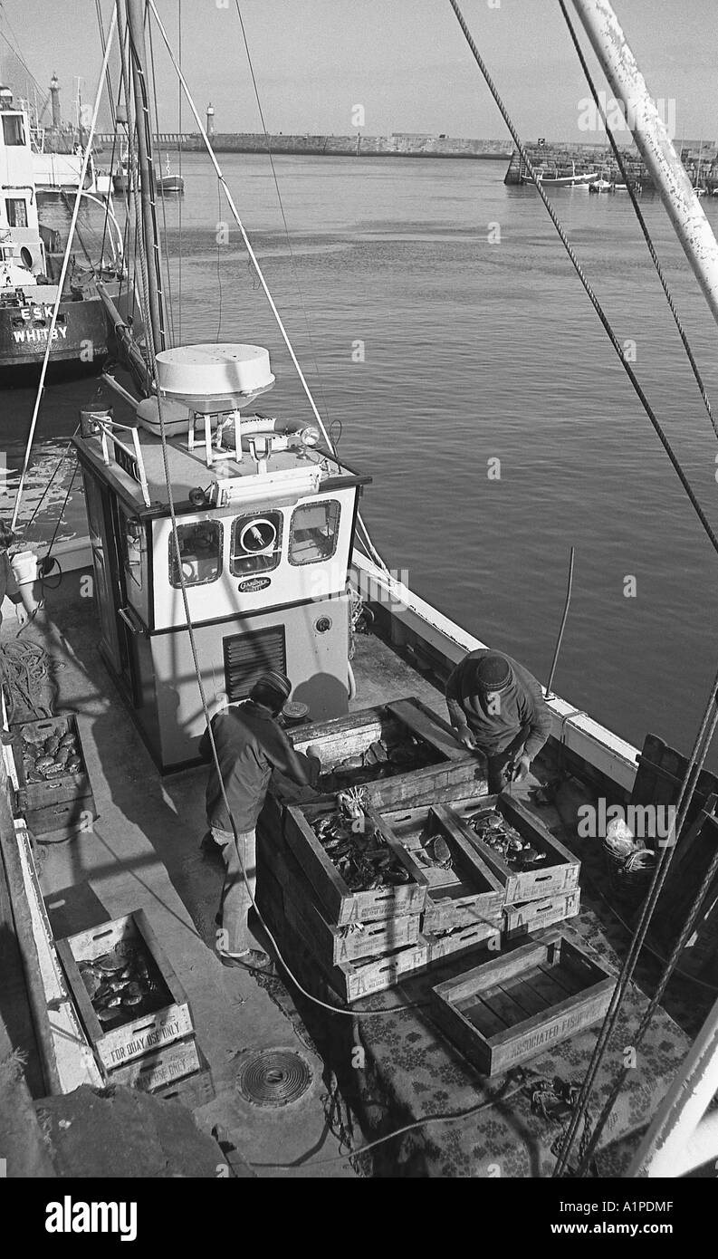 Les pêcheurs sur le pont de tri d'un petit chalutier de pêche les crabes tourteaux à Whitby. Banque D'Images