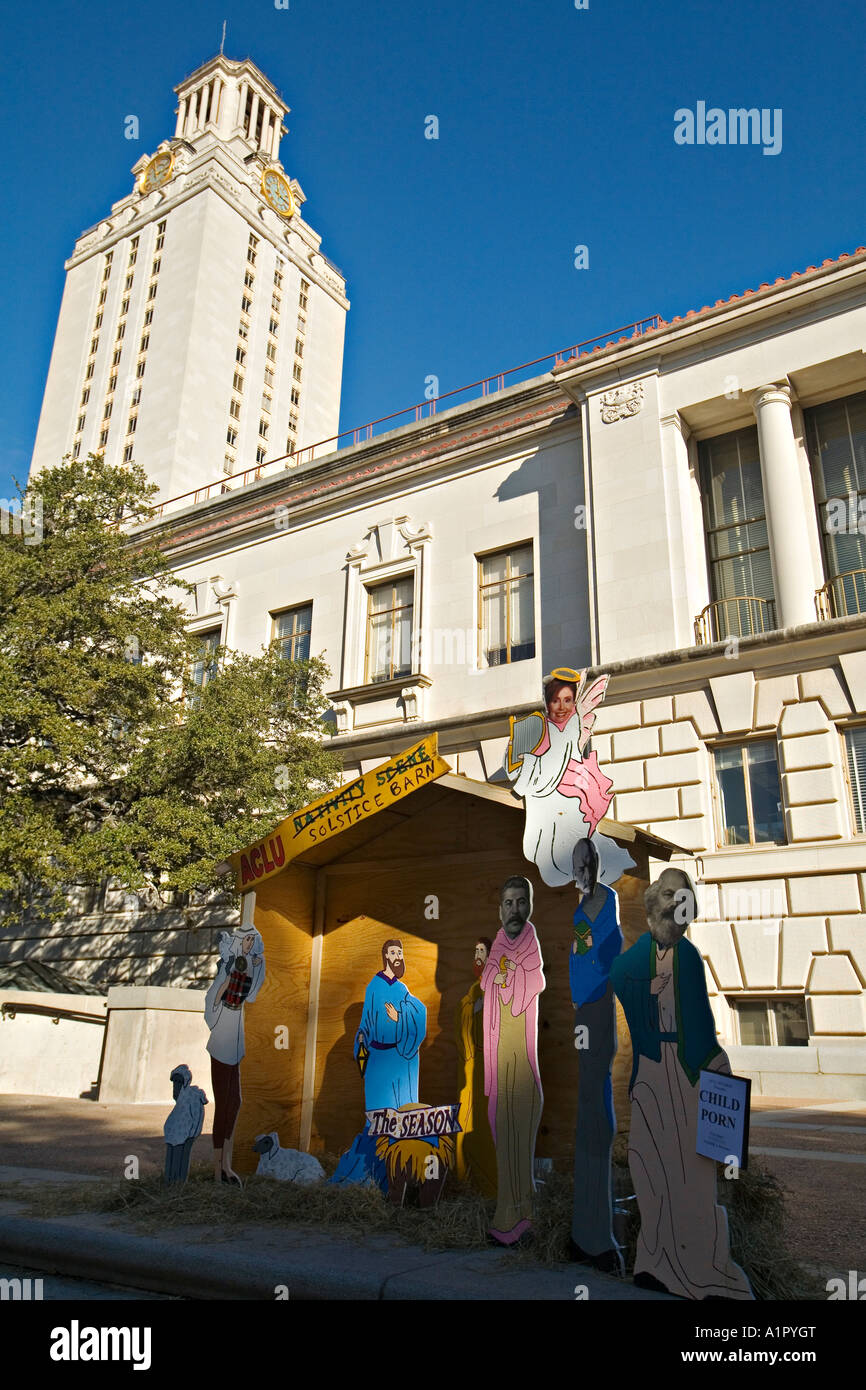 TEXAS Austin grange Solstice afficher sur le campus de l'Université du Texas de l'activisme politique et de sarcasme, scène de la nativité Banque D'Images