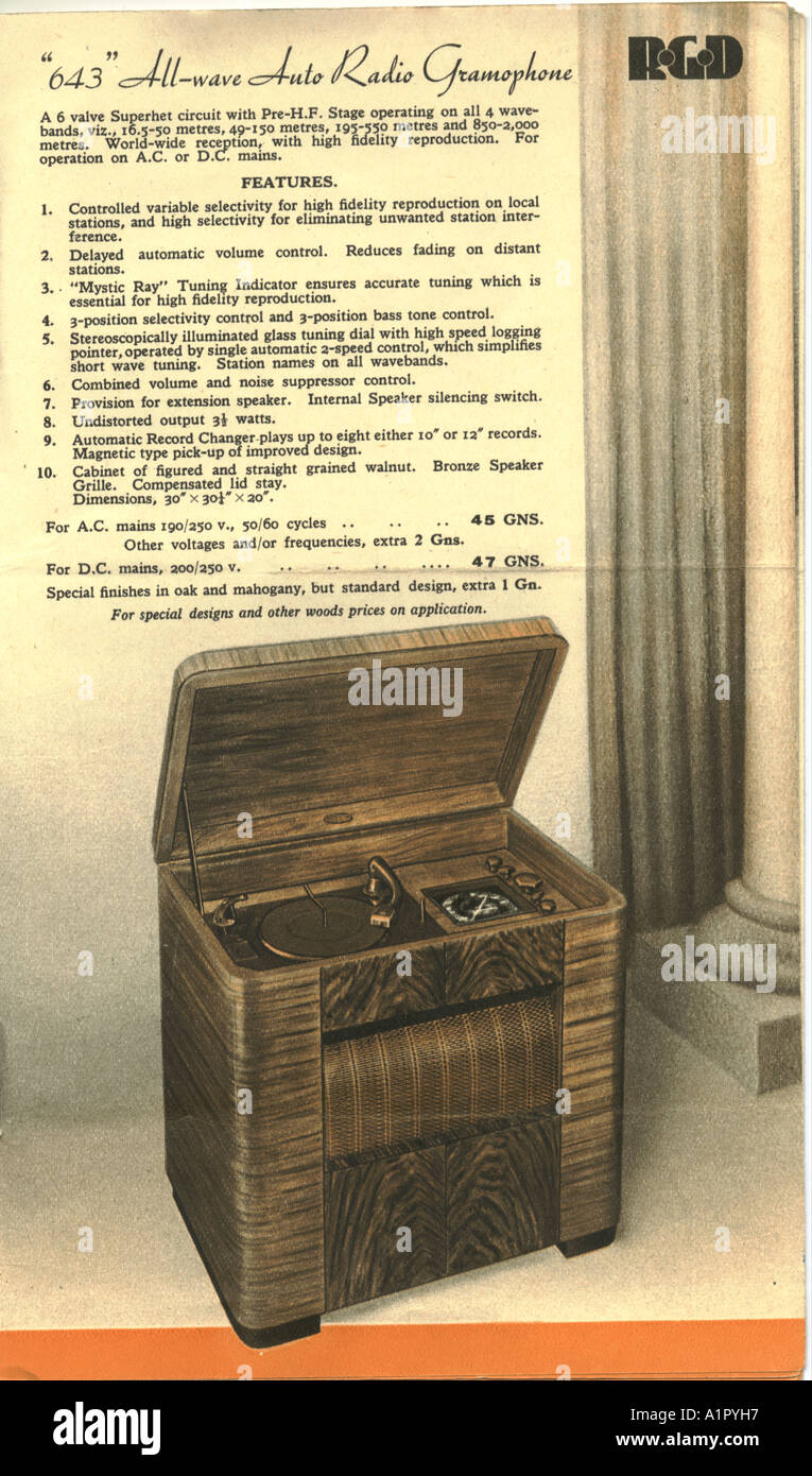 Récepteurs radio & Radio-Gramophones page intérieure catalogue 1938 Banque D'Images