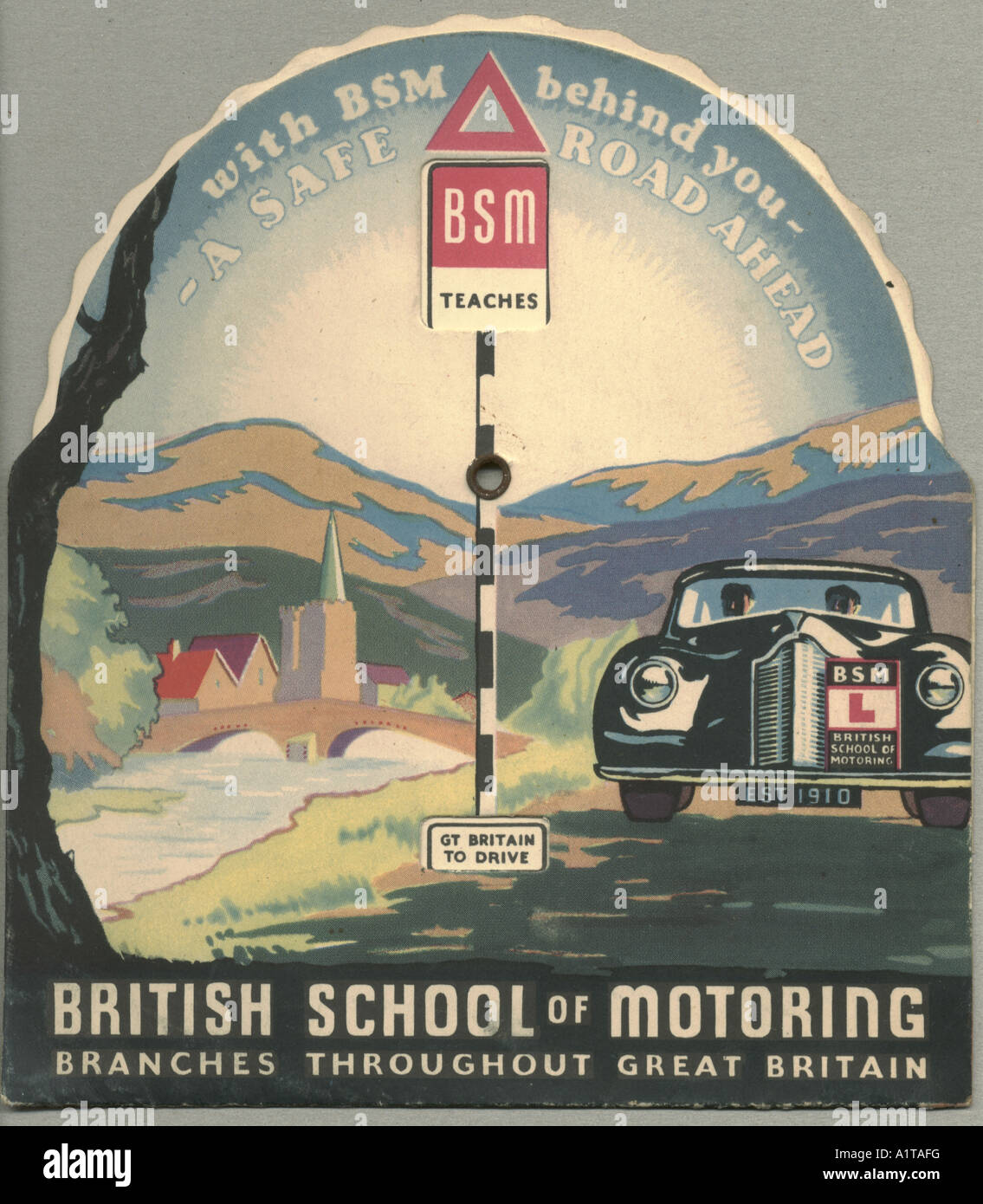 Publicité volvelle pour British School of Motoring vers 1955 Banque D'Images