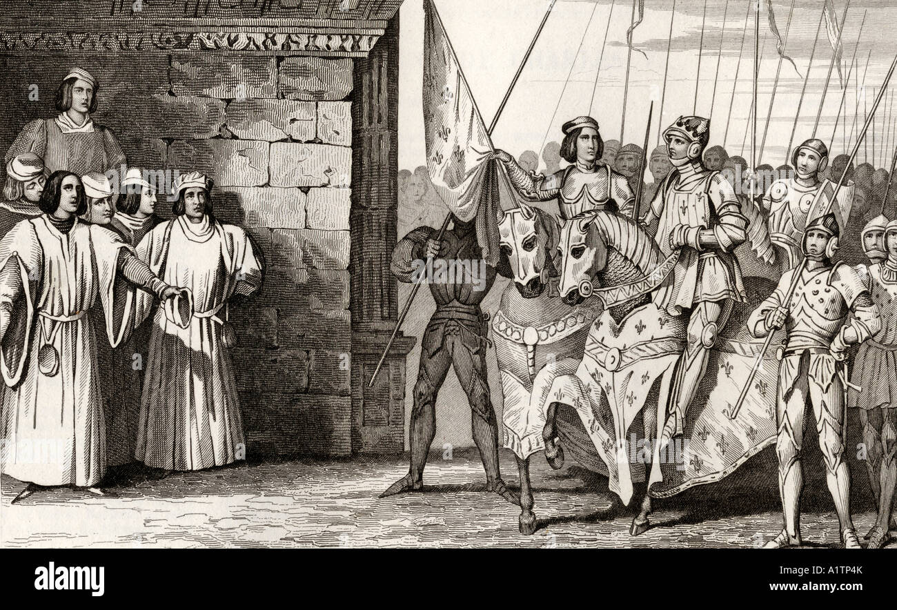 Jeanne d'Arc, 1412 - 1431, arrive à Reims en 1429 pour assister au couronnement de Charles VII, 1403- 1461. Banque D'Images Jeanne d'Arc, 1412 - 1431, arrive à Reims en 1429 pour assister au couronnement de Charles VII, 1403- 1461. Banque D'Images
